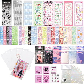 6 Kpop Photocard Holder Keychain Toploaders,6 Wrapped Gift Sets?50 Holographic Card Sleeves for Trading Cards,35Sheets Deco Stickers,2 Pcs Cute Little