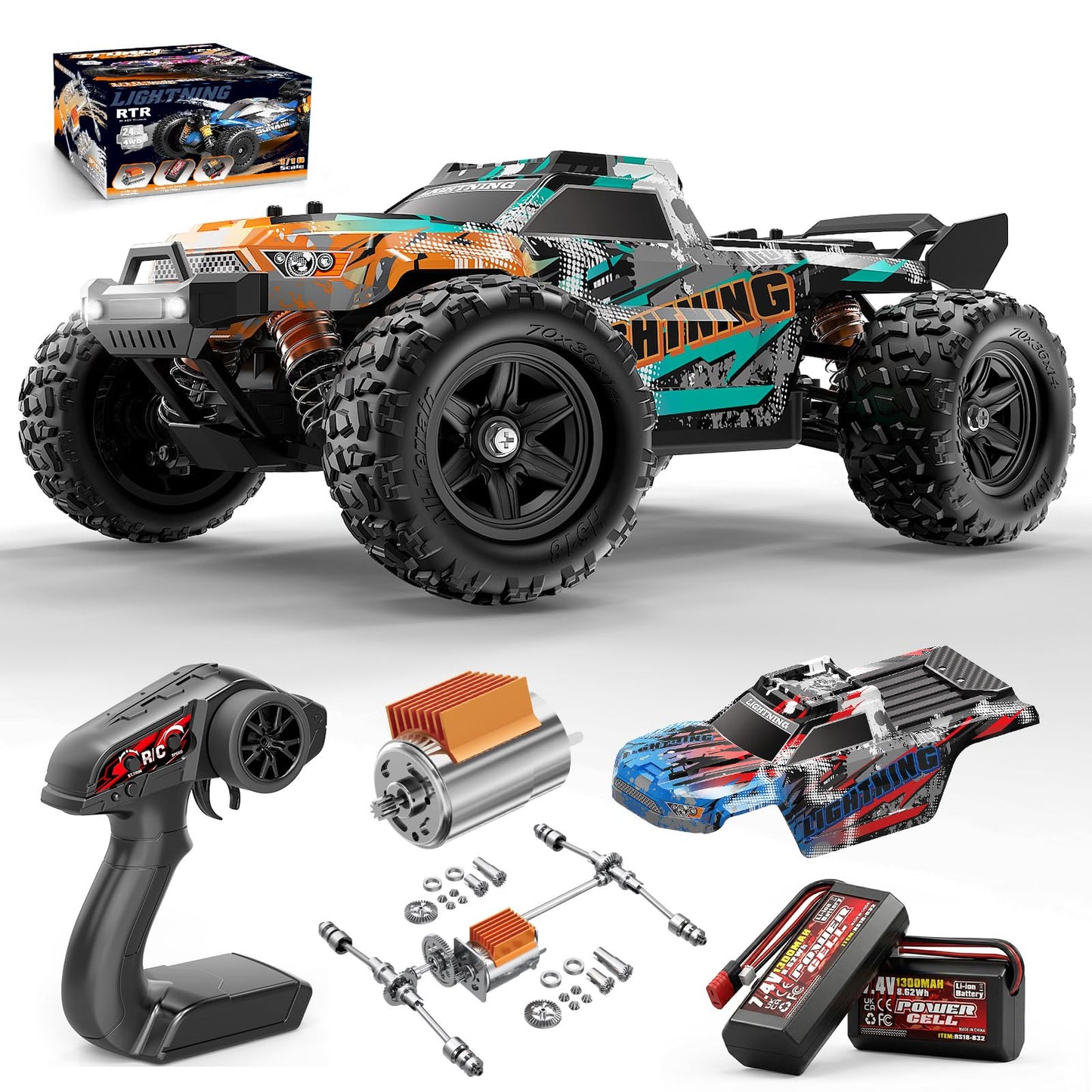 RC Cars 1:18 4WD High Speed Off-Road RC Truck 40 KM/H, Remote Control Car with Waterproof ESC, 2 Rechargeable 7.4V 1300mAh Batteries, Dual Body