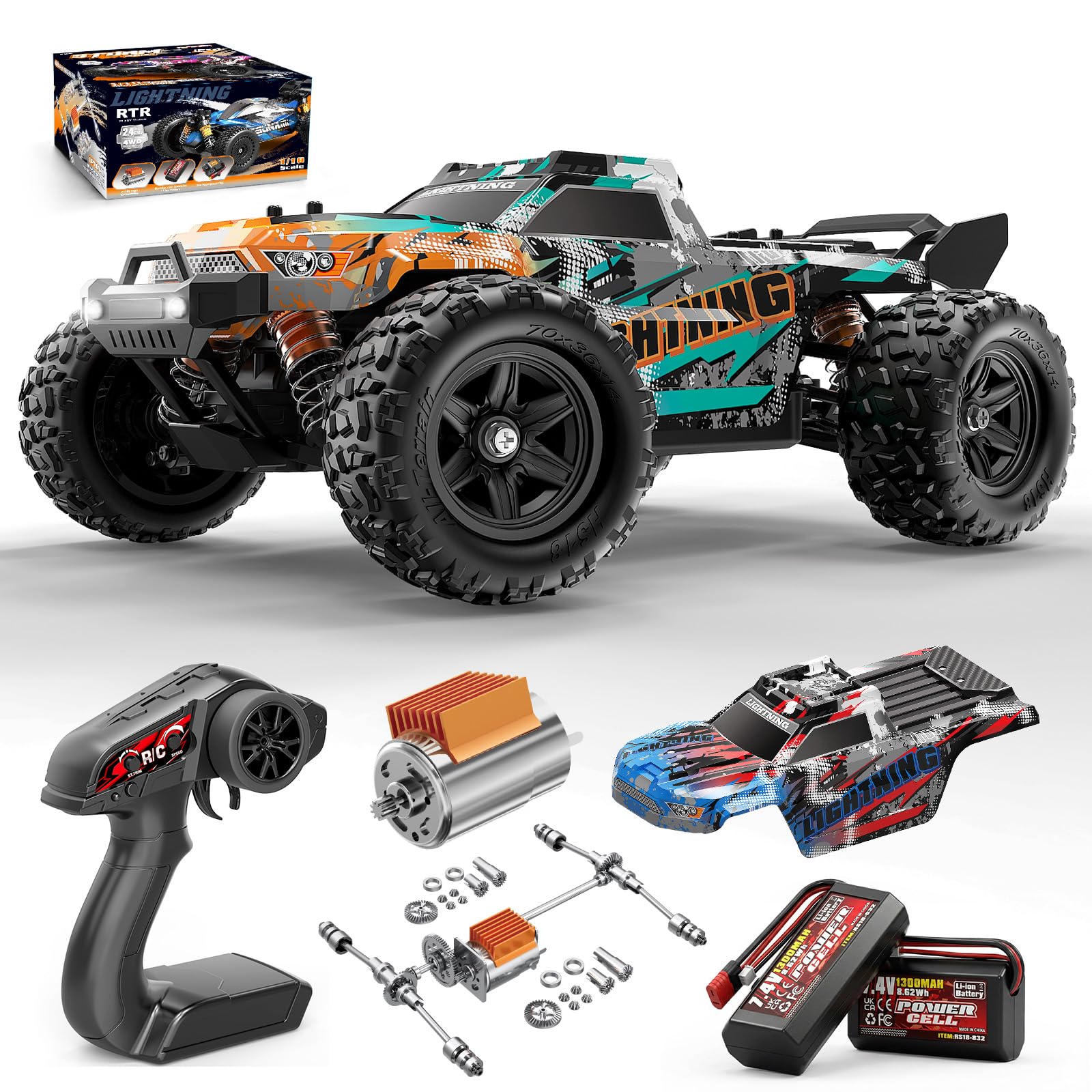 RC Cars 1:18 4WD High Speed Off-Road RC Truck 40 KM/H, Remote Control Car with Waterproof ESC, 2 Rechargeable 7.4V 1300mAh Batteries, Dual Body