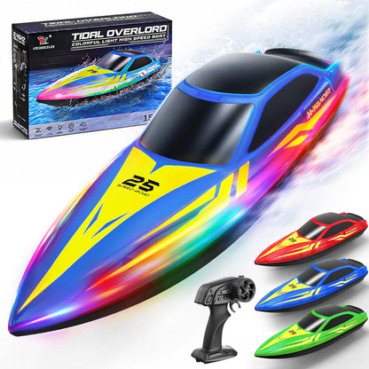 RC Boat with 7-Mode Colorful LED Lights,10 Inch Remote Control Boat,15KM/H High Speed,2.4GHz,3 Speed Modes,2 Rechargeable Batteries,Auto Flip