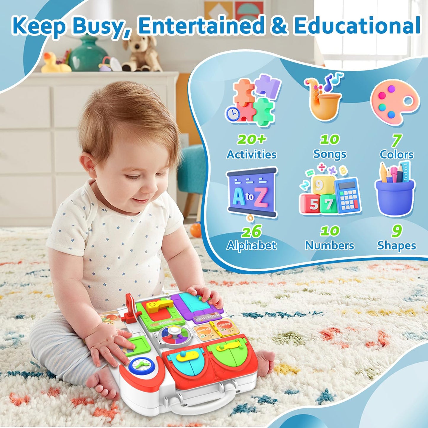 Toddler Toys for 1-2 Year Old Boy, Musical Montessori Busy Board, Early Educational Toy for Toddlers 1-3, Motor Skills Developmental Toy for 12-18