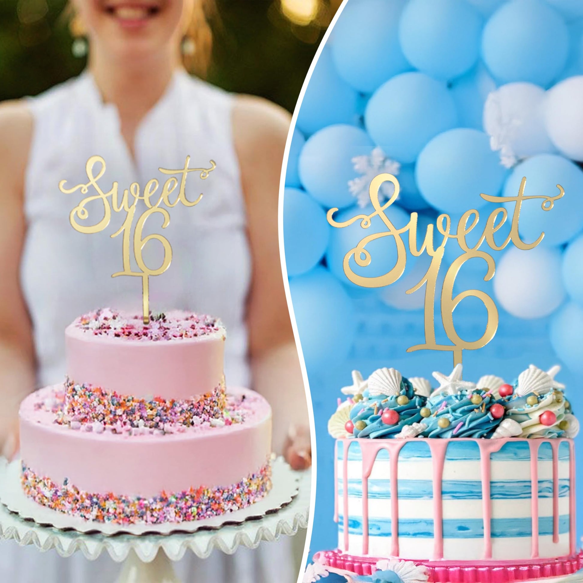 Apluselection Shiny Acrylic Happy Sweet 16 Birthday Cake Topper, 7.5" x 6", Cheer to 16th Birthday Party Cake Decoration (Gold)
