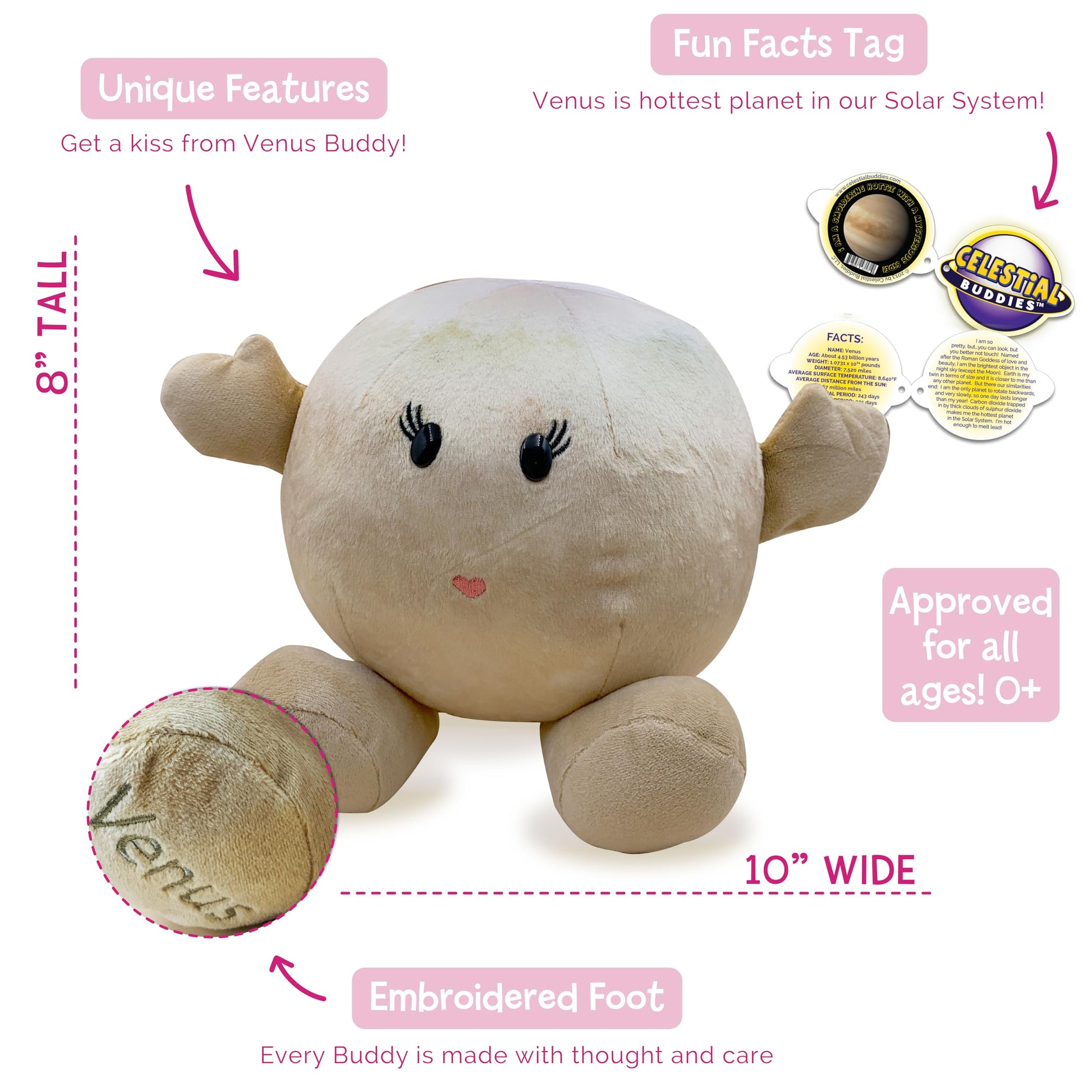 Celestial Buddies Venus Buddy | 10" Soft Stuffed Plush, Embroidered Features, Fun Planet Facts Tag for Kids - STEM Learning, Educational Gift