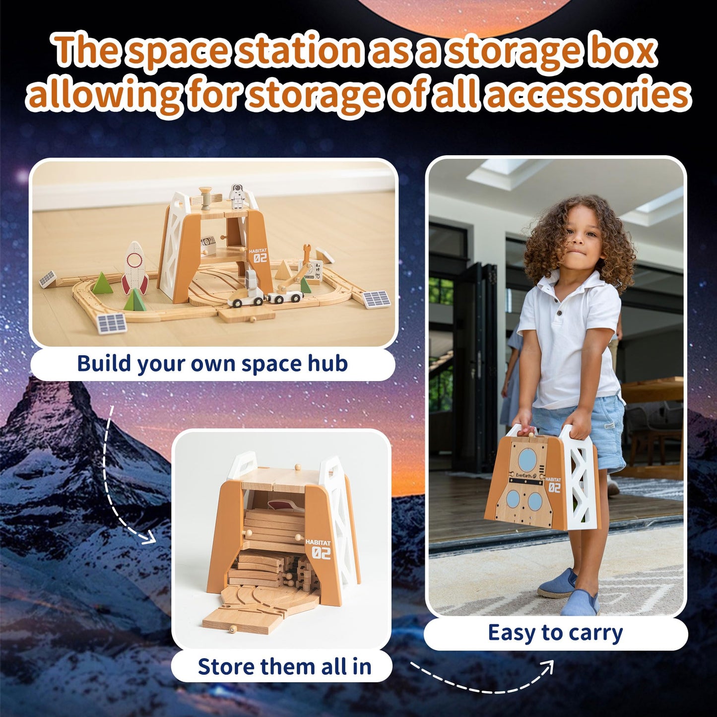 EverEarth Wooden Train Set Space Toys, Wood Train Track Set 39pcs, Mars Explore Base Train Space Station with Rocket and Astronaut for Kids 36m+, FSC