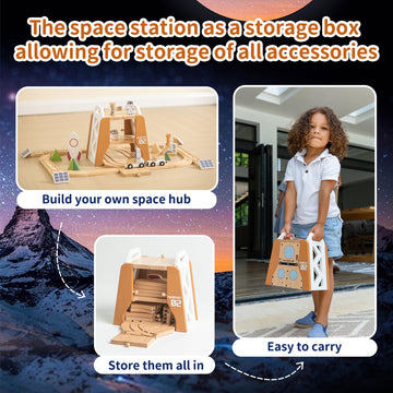 EverEarth Wooden Train Set Space Toys, Wood Train Track Set 39pcs, Mars Explore Base Train Space Station with Rocket and Astronaut for Kids 36m+, FSC