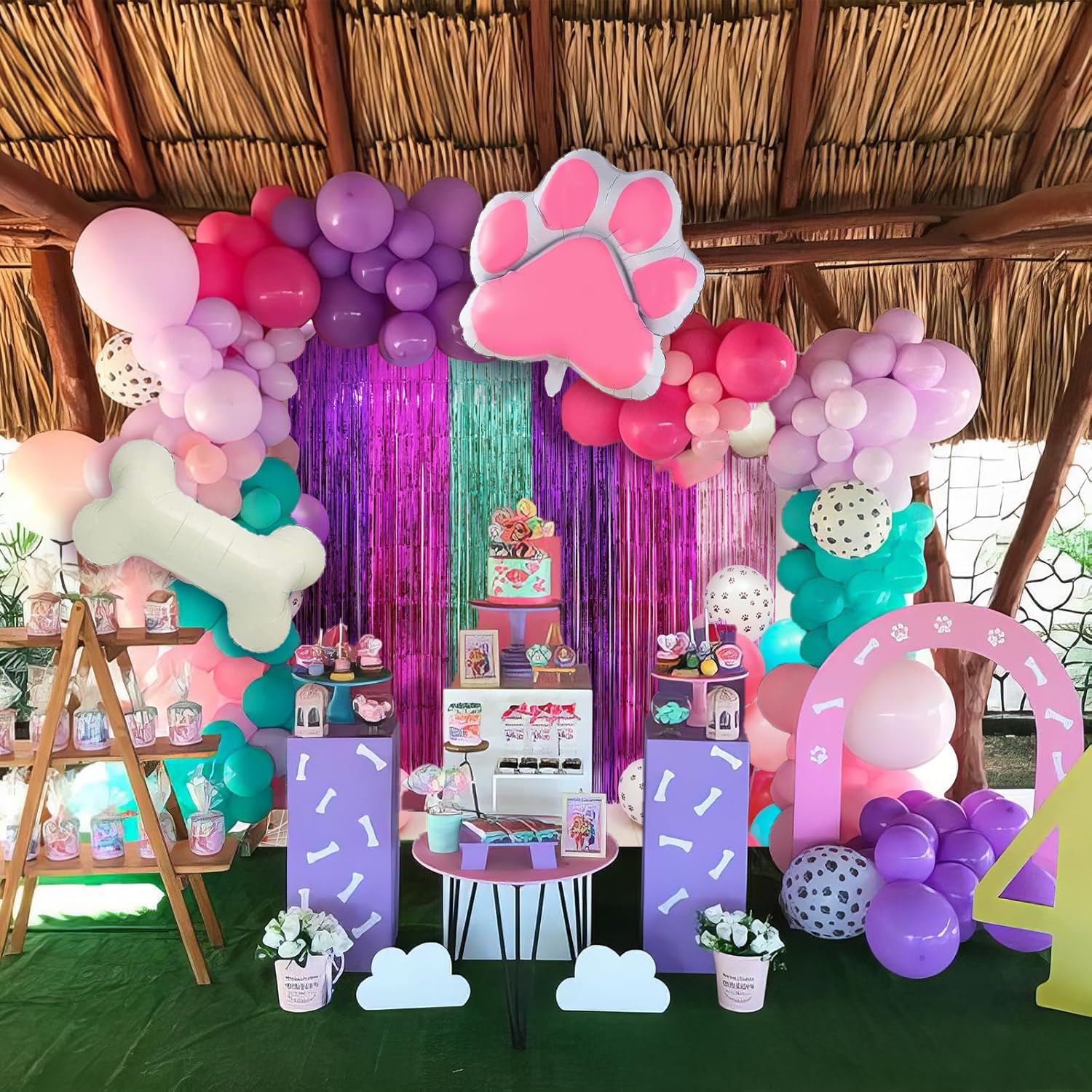 Pink Paw Puppy Patrol Birthday Decorations for Girls, 2 Pack Pinky Paw Party Photo Booth Prop, Purple Pink Teal Fringe Curtains Photo Streamers