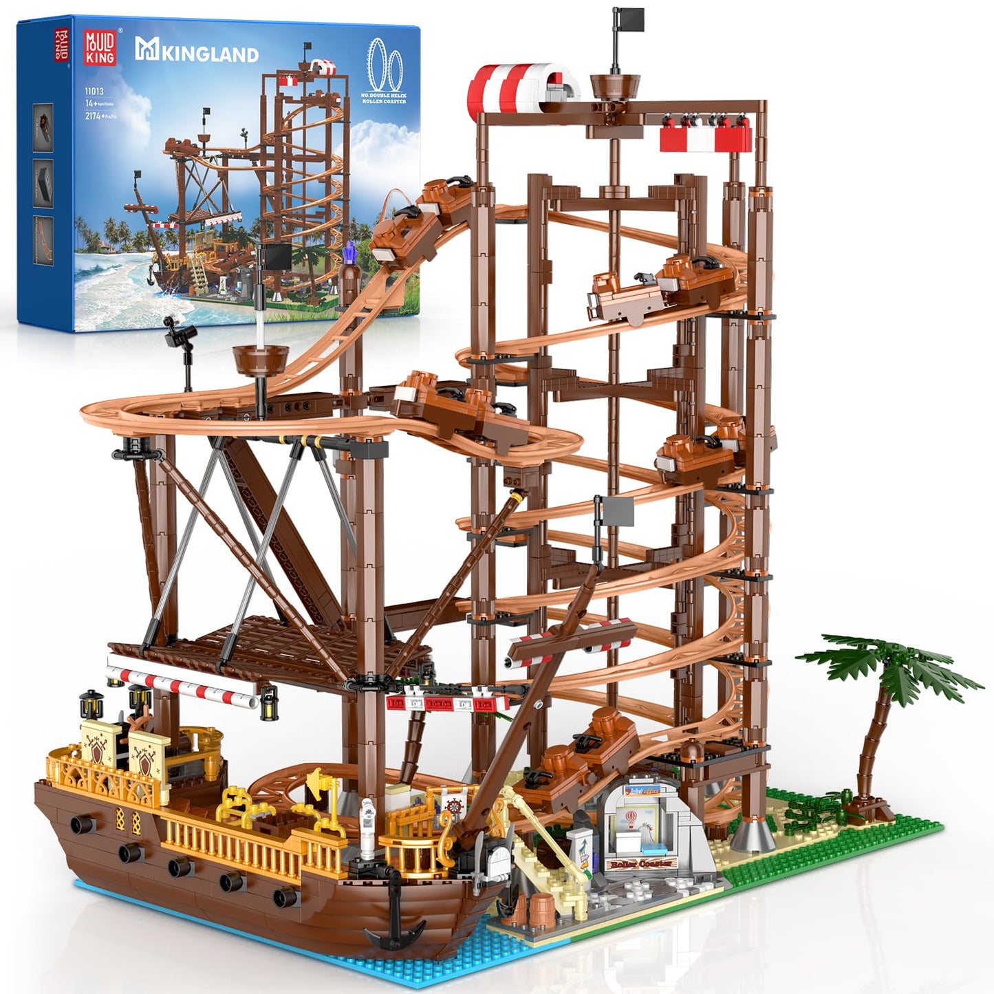 Mould King 11013 Roller Coaster & Pirate Ship Building Set, 2174-Piece Amusement Park Model with Motorized Loop Coaster, Double Helix Roller Coaster