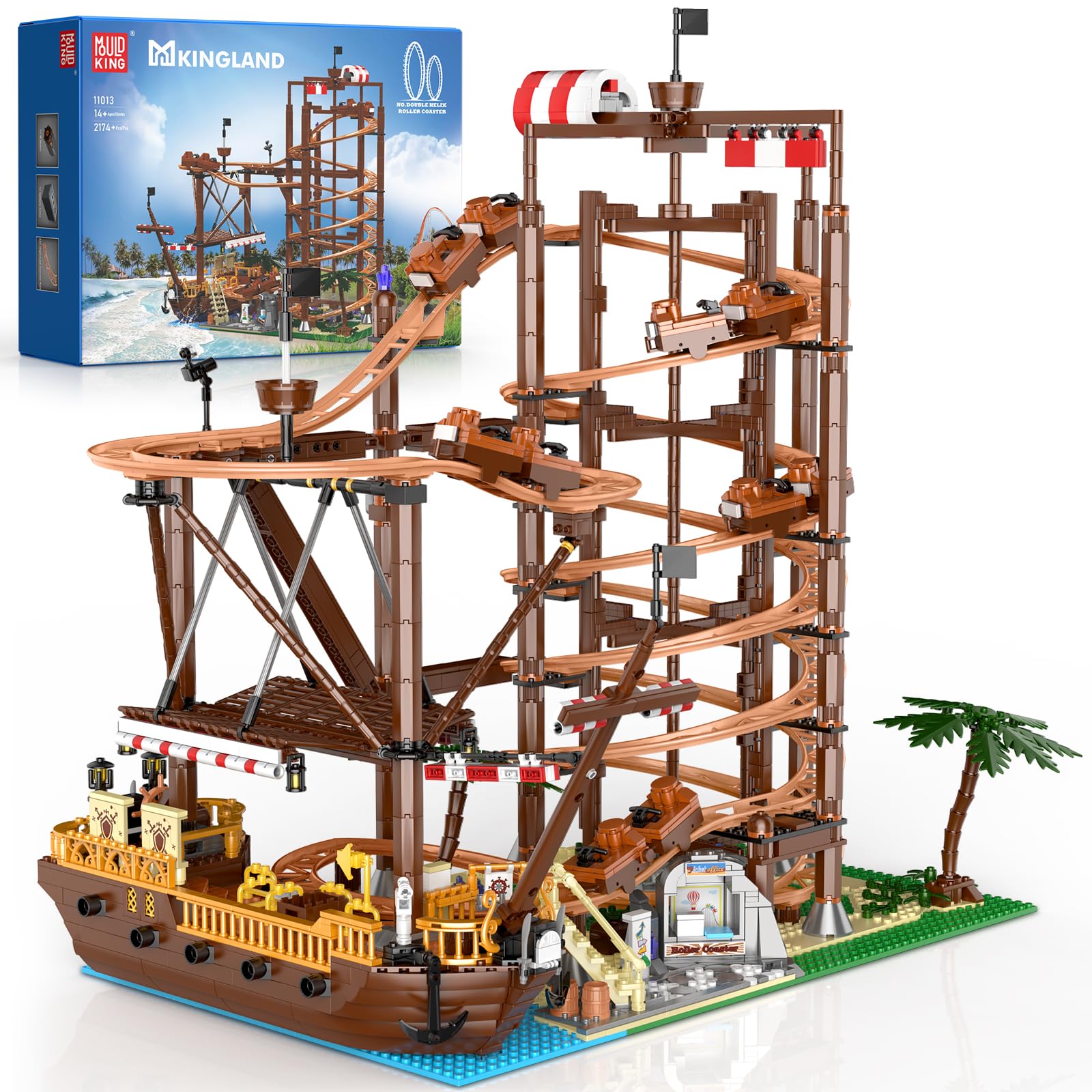 Mould King 11013 Roller Coaster & Pirate Ship Building Set, 2174-Piece Amusement Park Model with Motorized Loop Coaster, Double Helix Roller Coaster