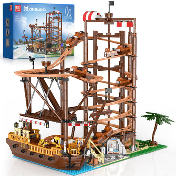 Mould King 11013 Roller Coaster & Pirate Ship Building Set, 2174-Piece Amusement Park Model with Motorized Loop Coaster, Double Helix Roller Coaster