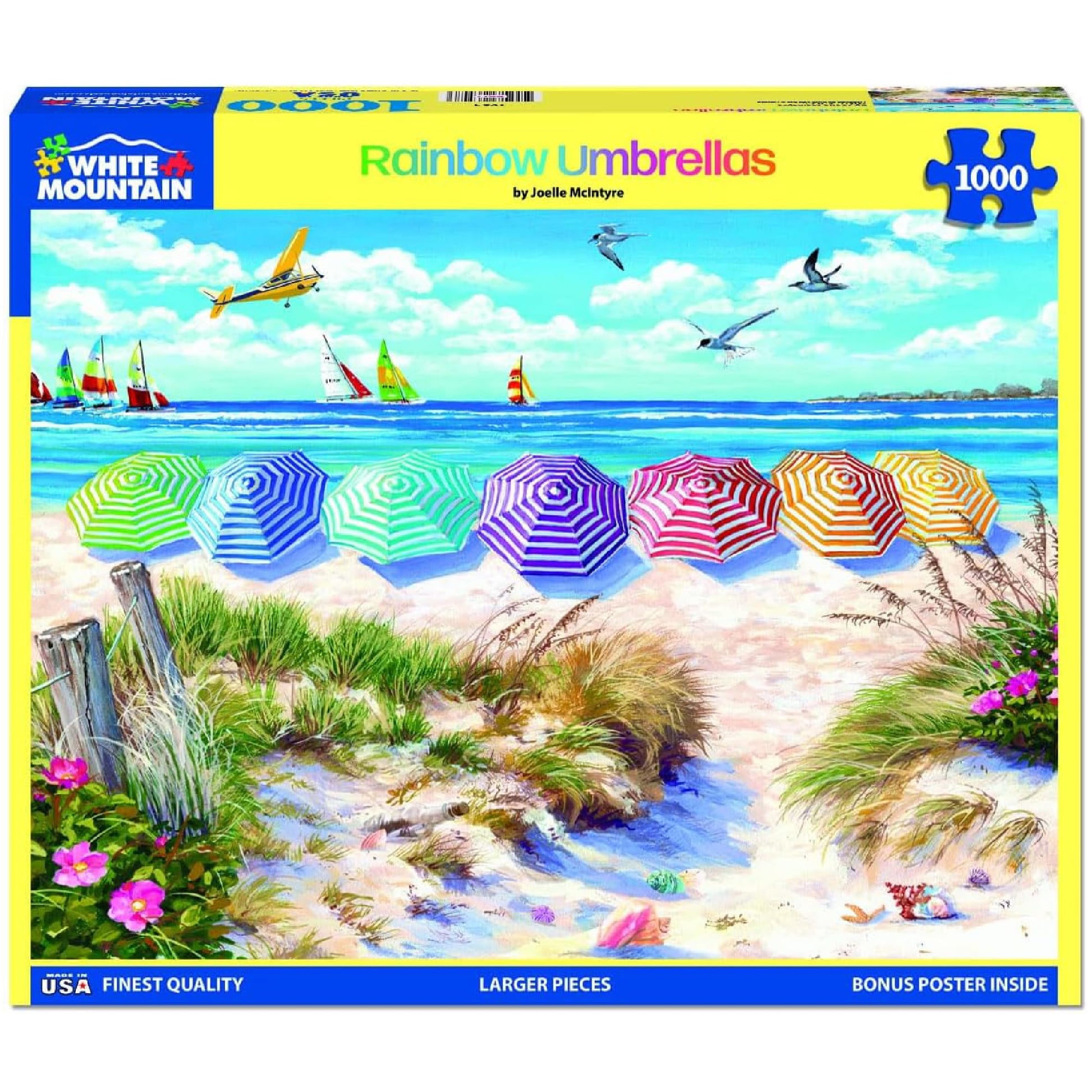 White Mountain 1000 Piece Jigsaw Puzzle Fun Summer Beach, Rainbow Umbrellas