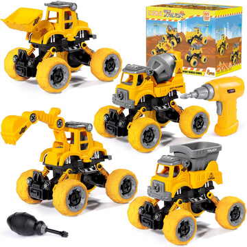 LUDILO Toys for 3 4 5 Year Old Boy Birthday Gift: 4PCS Take Apart Construction Truck Excavator Toy with Electric Drill, Kids Building Stem Learning