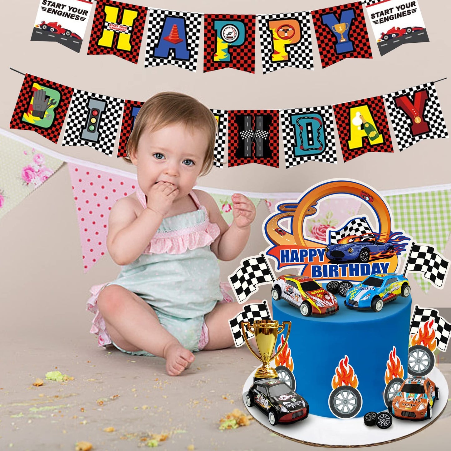 24PCS Race Car Happy Birthday Cake Decoration Race Car Cake Toppers Race Car Themed Birthday Party Supplies Boy and Girl Cake Decoration