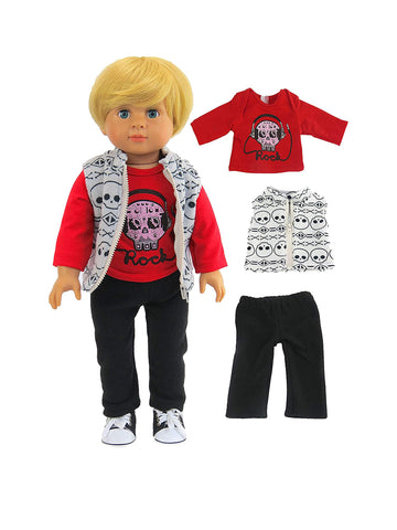 American Fashion World Boy’s Skull 3 Piece Vest and Pants Set for 18-Inch Dolls | Premium Quality & Trendy Design