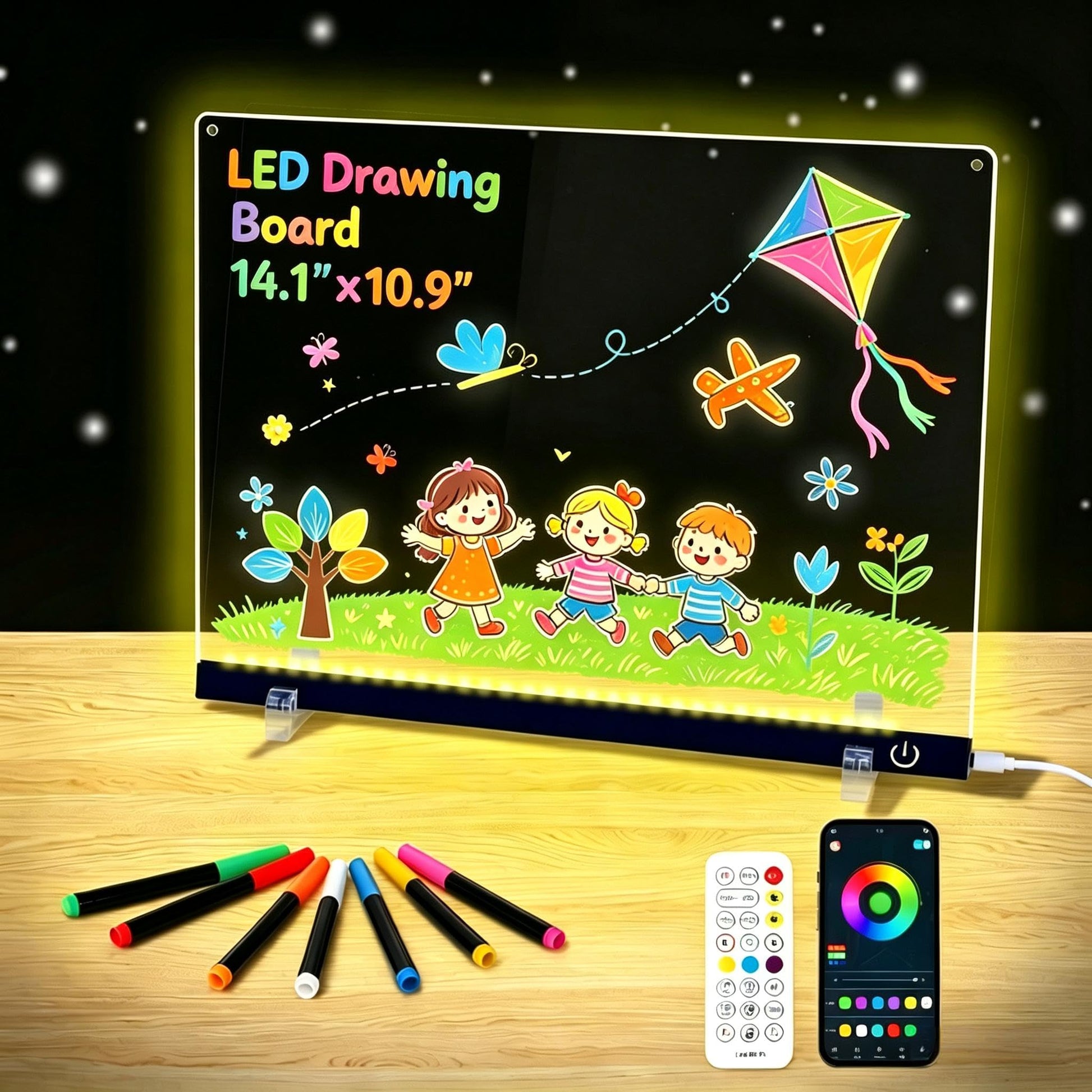 14.1"x11" LED Drawing Board with Music Sync APP Remote Control, Glow Doodle LED Note Board with Colors, Neon Light Up Drawing Tablet, Parent-Child