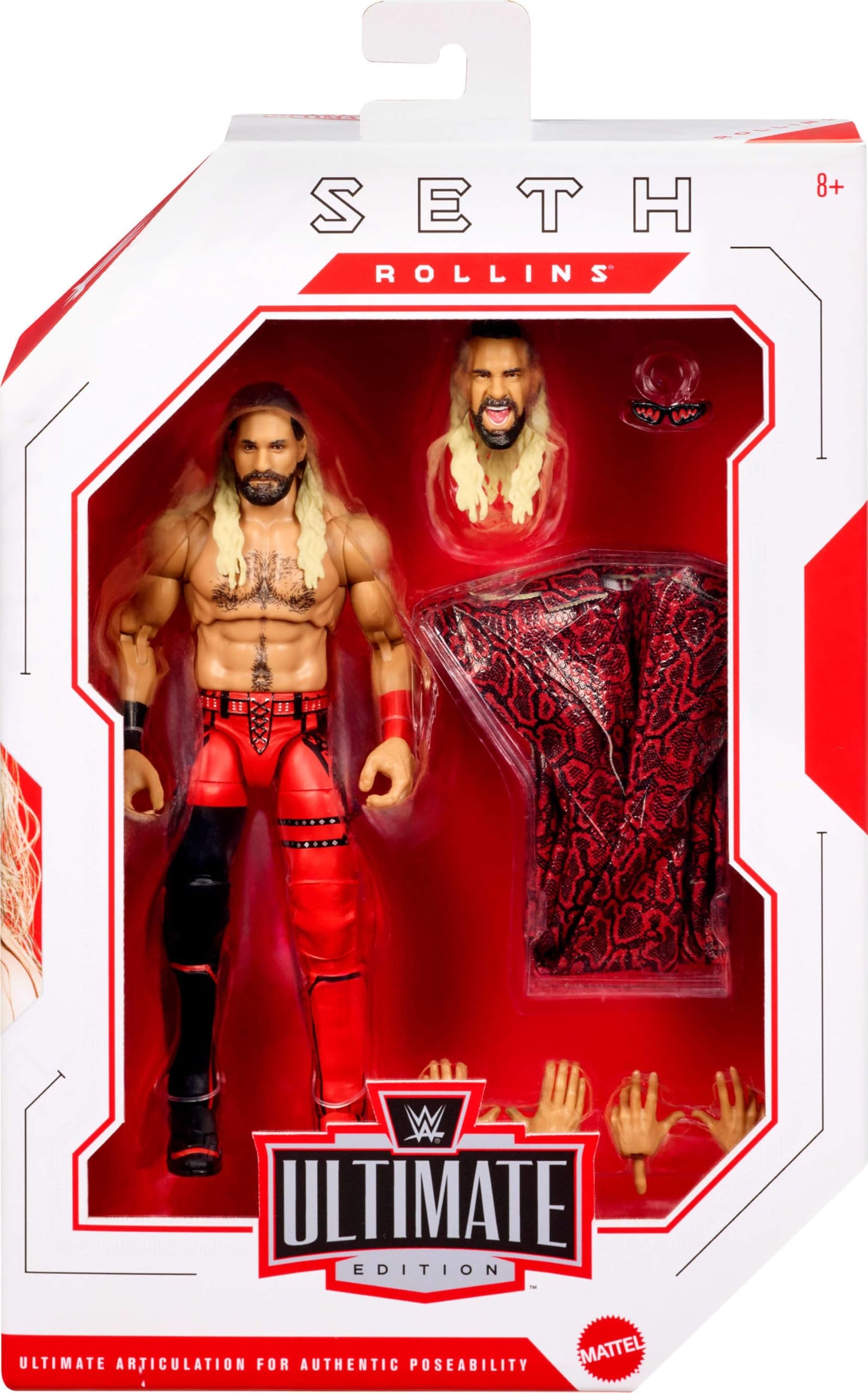 Mattel WWE Ultimate Edition Action Figure & Accessories Set, Seth Rollins 6-inch Collectible with Swappable Heads & Hands, 30 Articulation Points