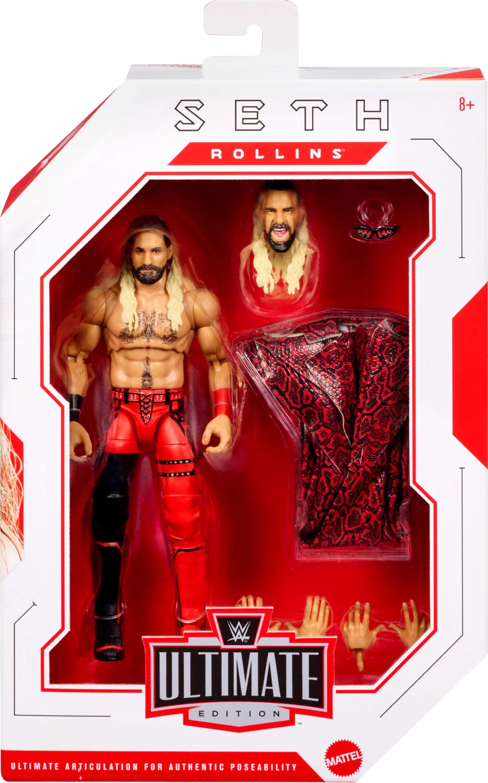 Mattel WWE Ultimate Edition Action Figure & Accessories Set, Seth Rollins 6-inch Collectible with Swappable Heads & Hands, 30 Articulation Points