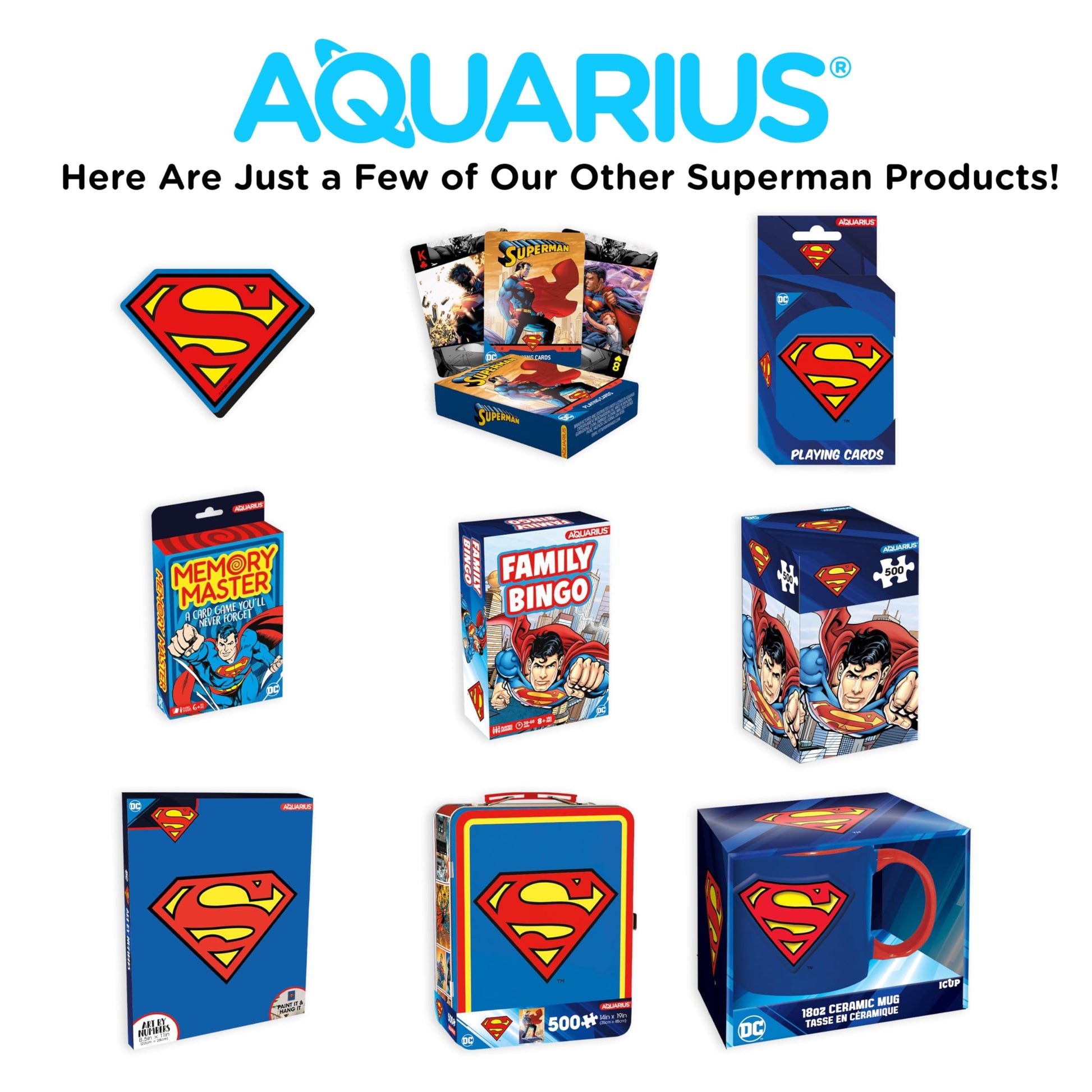 Aquarius DC Comics Superman Playing Cards Standard Size - Themed Novelty Deck with 52 Unique Superhero Designs in Decorative Embossed Tin