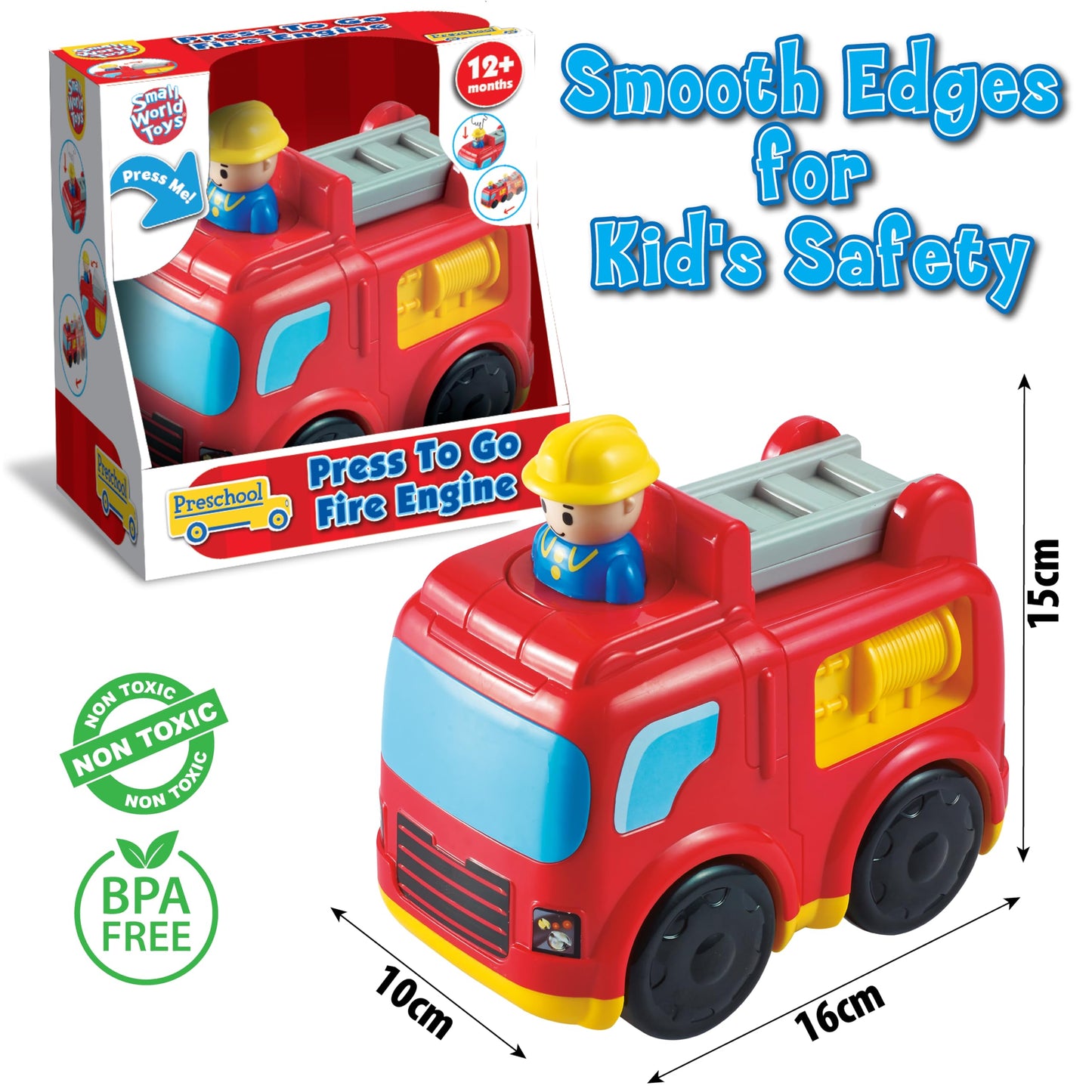 Small World Toys Fire Truck Toy: Interactive Press-to-Go Fire Trucks for Toddlers 1-3, Pretend Play Rescue Vehicle, Fire Engine Toy Gifts for Boy