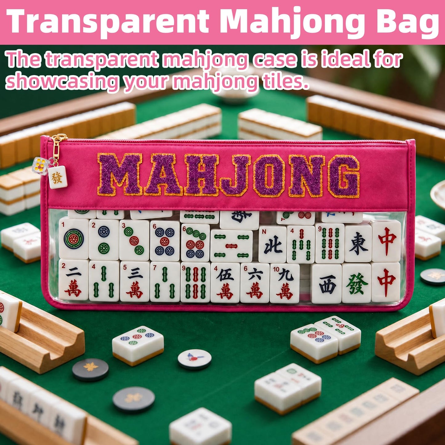 FUYAHA Clear American Mahjong Tile Bag with Keychain, Waterproof Portable Mahjong Storage Bag with Zipper & Glitter Letters, Mahjong Organizer Travel