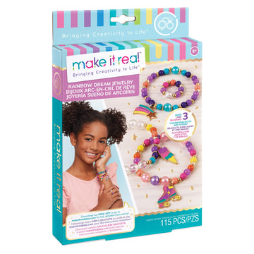 Make It Real: Rainbow Dream Jewelry Kit - Create 3 Unique Charm Bracelets & A Ring, 123 Pieces, Includes Play Tray, All-in-One, DIY Colorful Bead