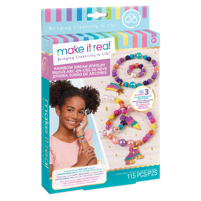 Make It Real: Rainbow Dream Jewelry Kit - Create 3 Unique Charm Bracelets & A Ring, 123 Pieces, Includes Play Tray, All-in-One, DIY Colorful Bead