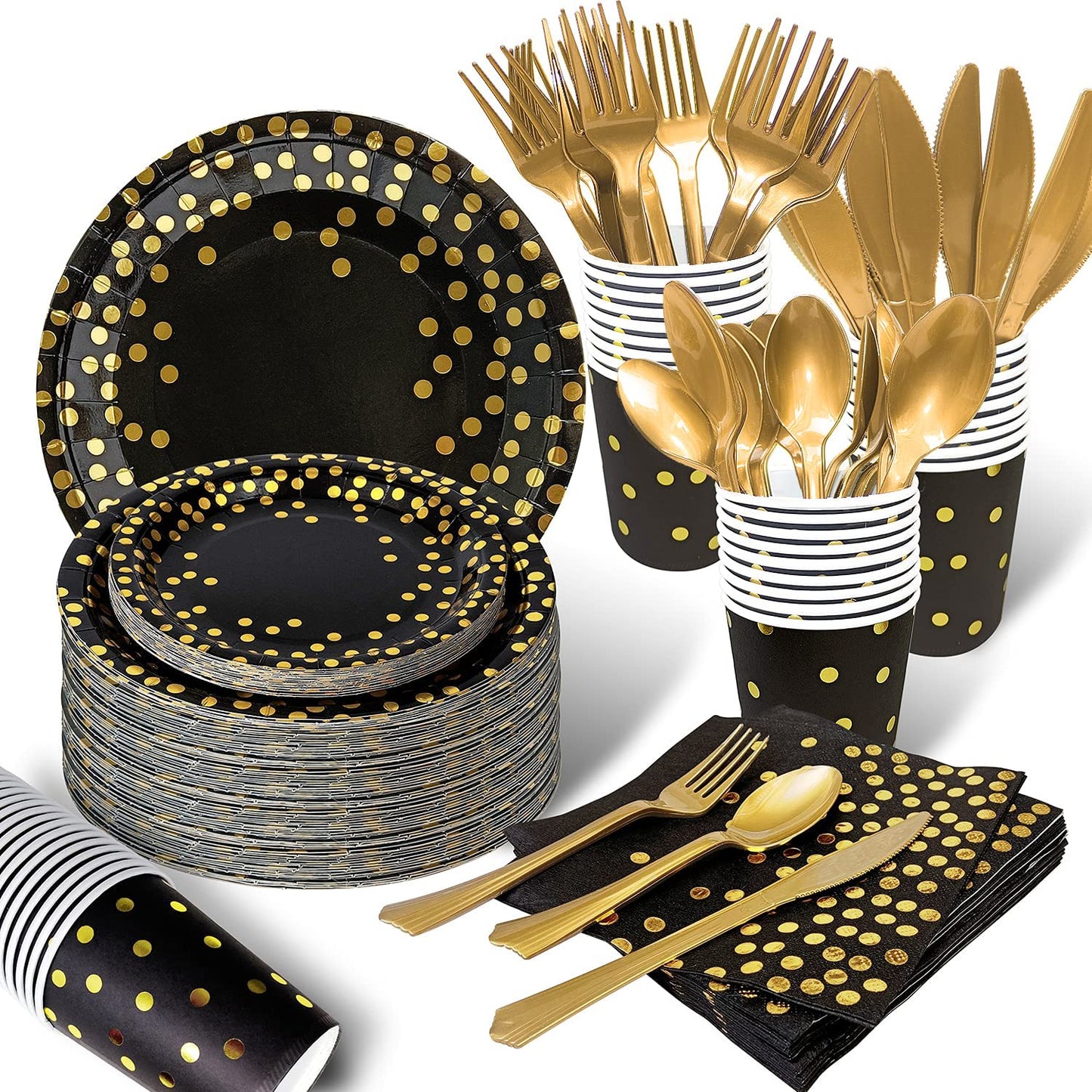 AIRE Black Gold Paper Plates Set, 175PCS Disposable Dinnerware Serves 25