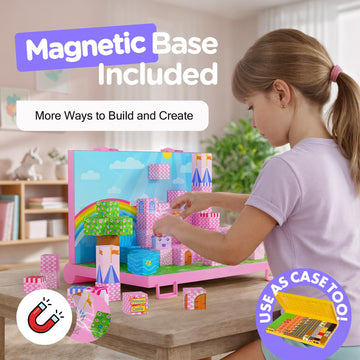 Magnetic Building Blocks for Kids with Magnetic Storage Board - Princess Castle Magnet Cubes Toy Building Set - Gift-Ready 84-Piece Pixy Stacking STEM