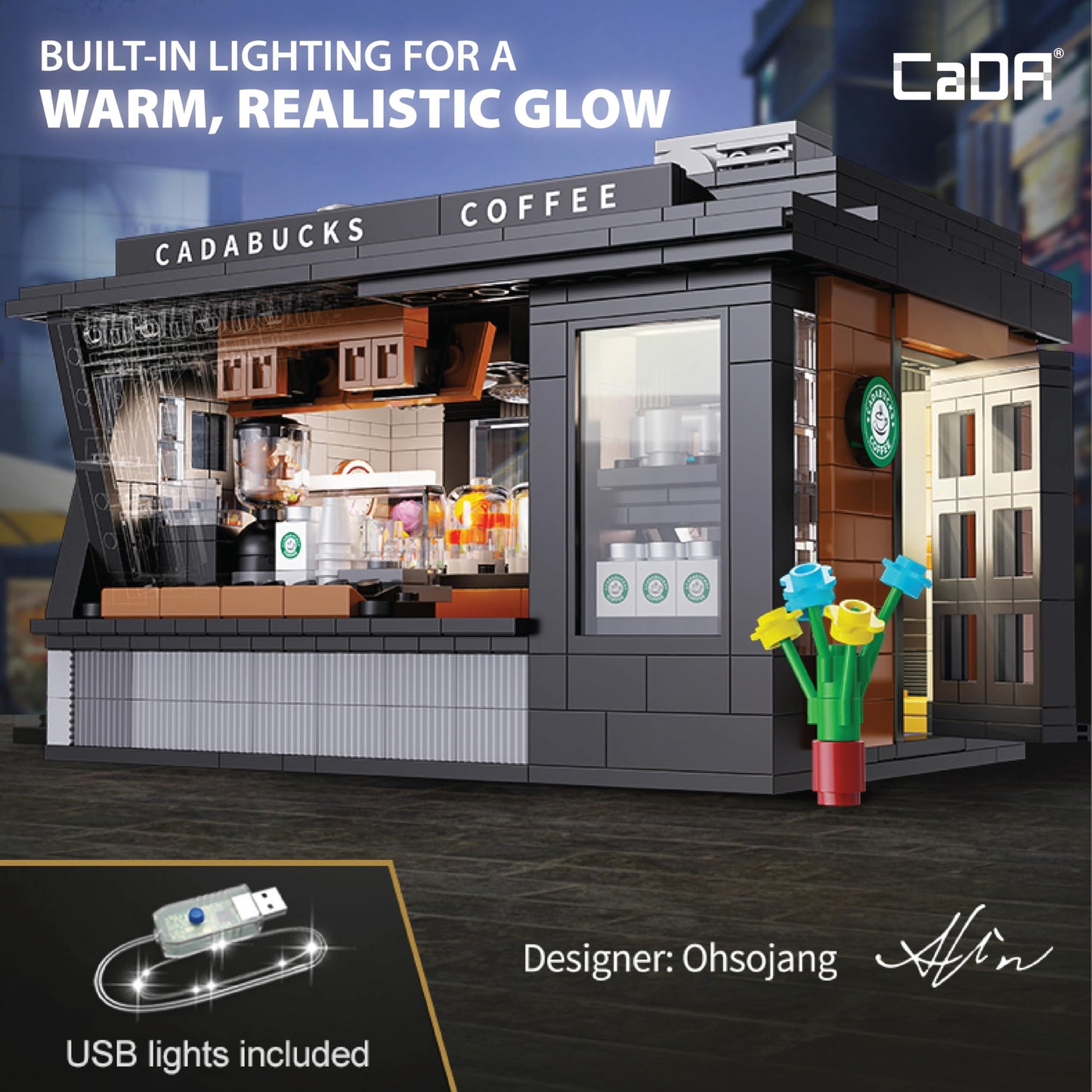 CADA Bricks Coffee Shop Building Set with LED Lighting - 768 Pieces, Detailed Café Model Kit, Compatible with Major Brick Brands, Ages 8+, Gift-Ready