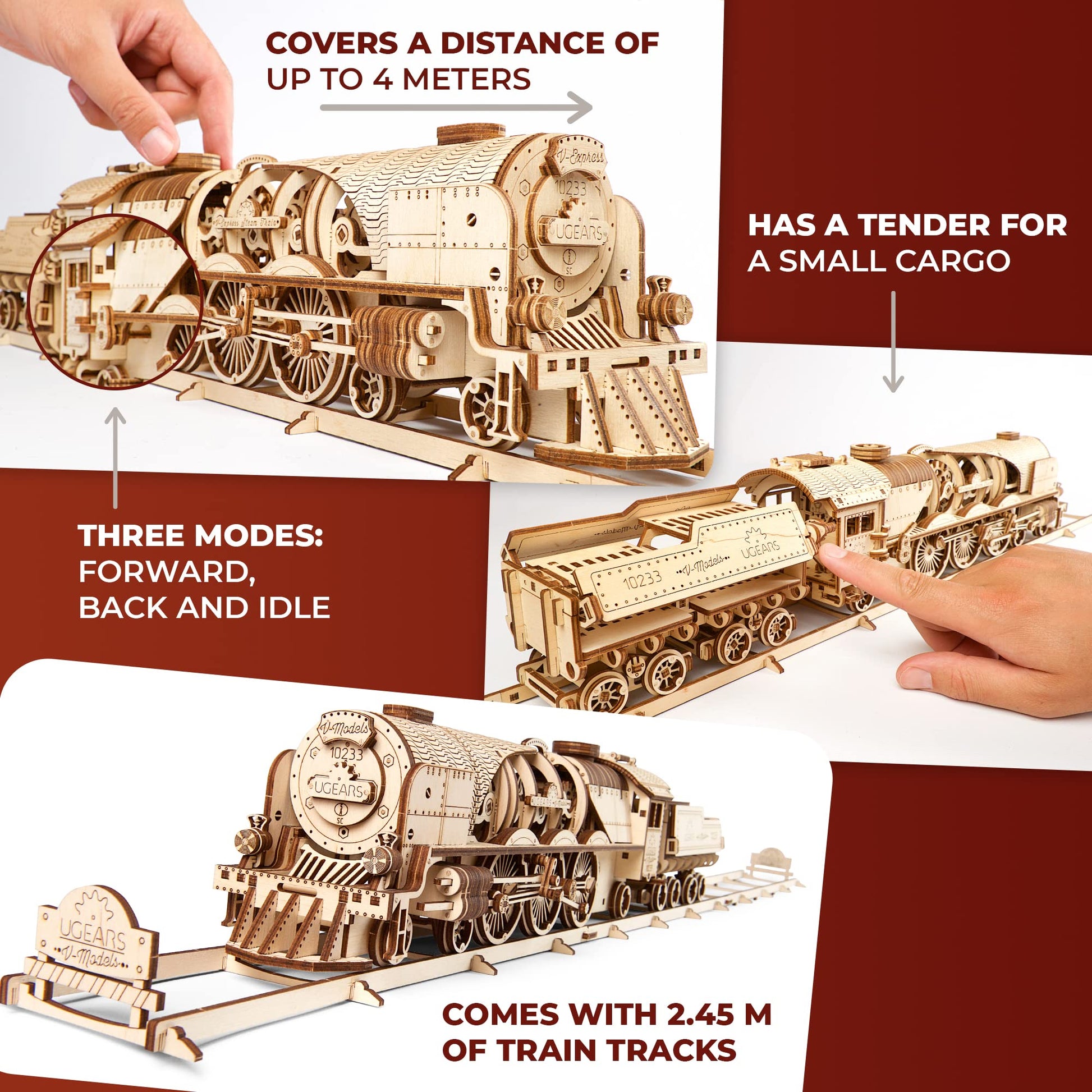 UGEARS V-Express Steam Train with Tender 3D Wooden Puzzles for Adults - Wooden Model Kits for Adults Model Train Steam Engine Kit Brain Teaser, Hobby