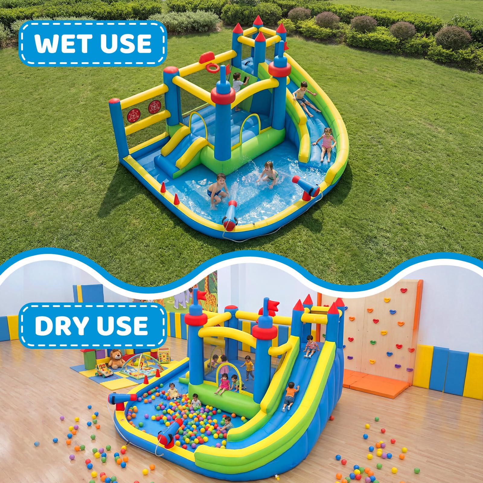 SunSwell Inflatable Water Slide for Kids Backyard with 450W Blower, Jumping Castle with Water Slide, Water Park Bounce House for Indoor and Outdoor