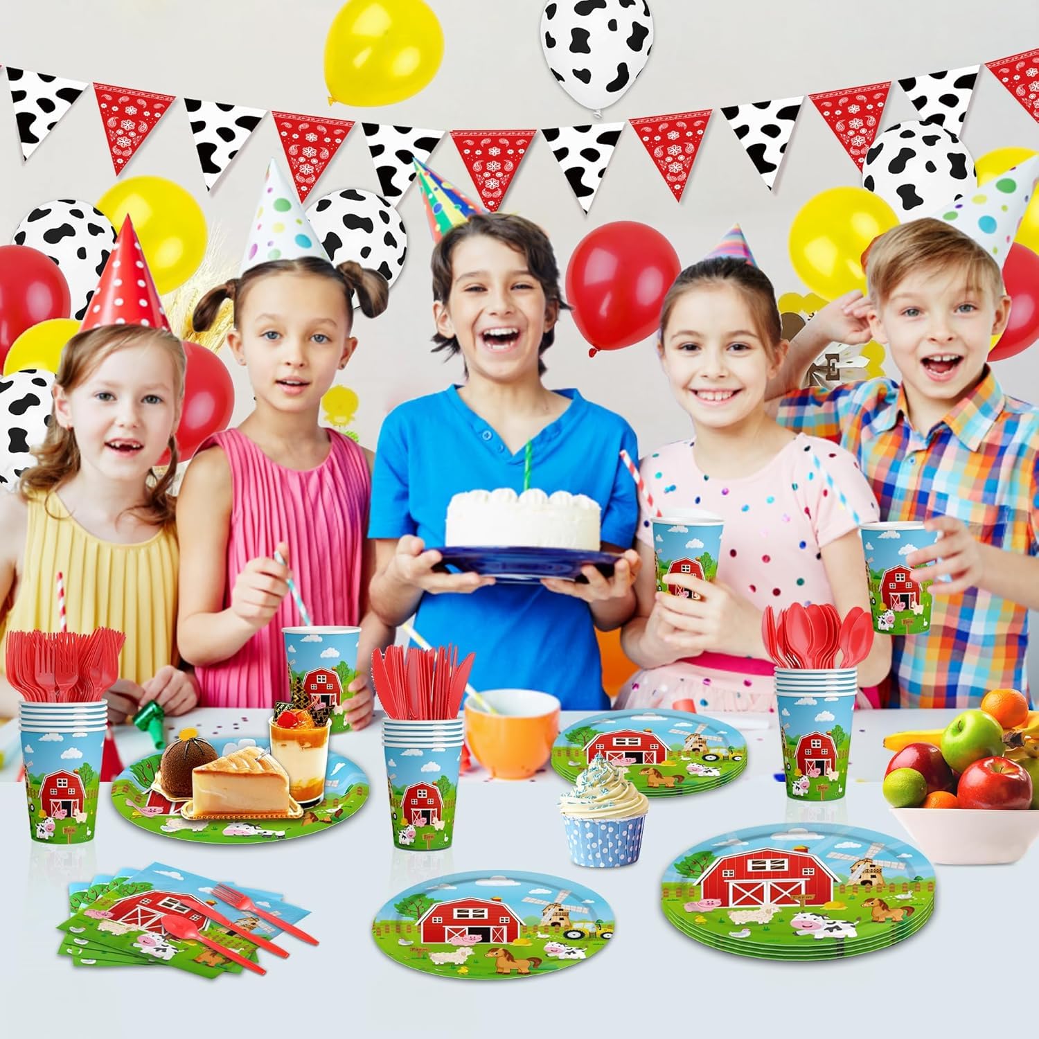 Farm Animal Birthday Party Decorations Farm Plates Tableware Barnyard Farm Birthday Party Supplies Serves 25 Farm Themed Cups, Farm Animal Napkins Red