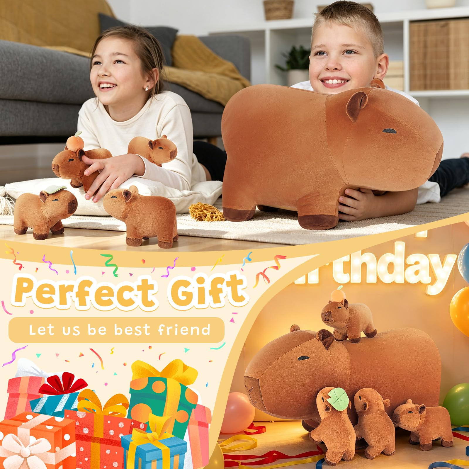 Achwishap 5PCS Capybara Plush Family Set, Capybara Stuffed Animal with Mommy & 4 Babies, 18” Soft Huggable Plushie Cute Pillow Toys Decor, Birthday