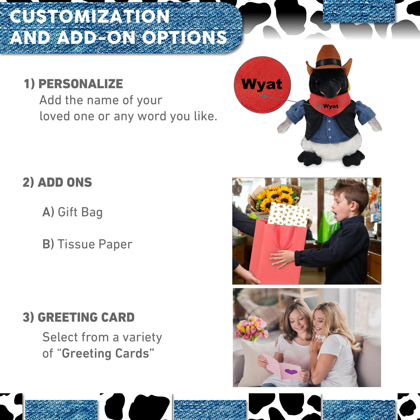 DolliBu Emperor Penguin Stuffed Animal Cowboy Plush with Name Personalization - Western-Themed Penguin Plush with Cute Cowboy Costume Denim Shirt