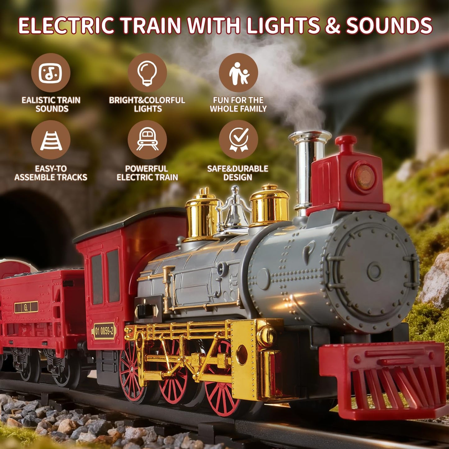 Goldlok Electric Train Set with Light & Sounds, 19 PCS Train Toys for Toddlers 3-5 & Kids 4-8, Locomotive, Passenger Car, 12 Tracks, Indoor Toy