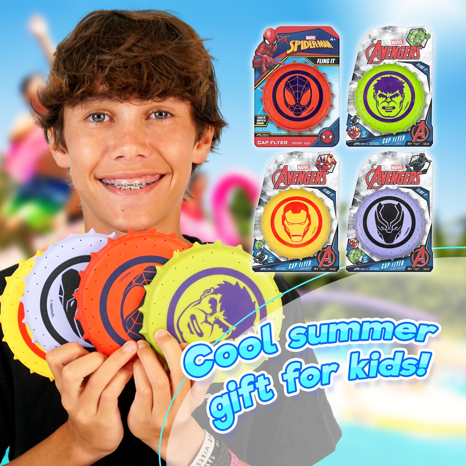JA-RU Marvel Avengers & Spiderman Water Frisbee Soaker (4 Frisbees Assorted) Rubber Disc Water Toys for Kids & Adult. Outdoor Pool Toy & Beach Ball