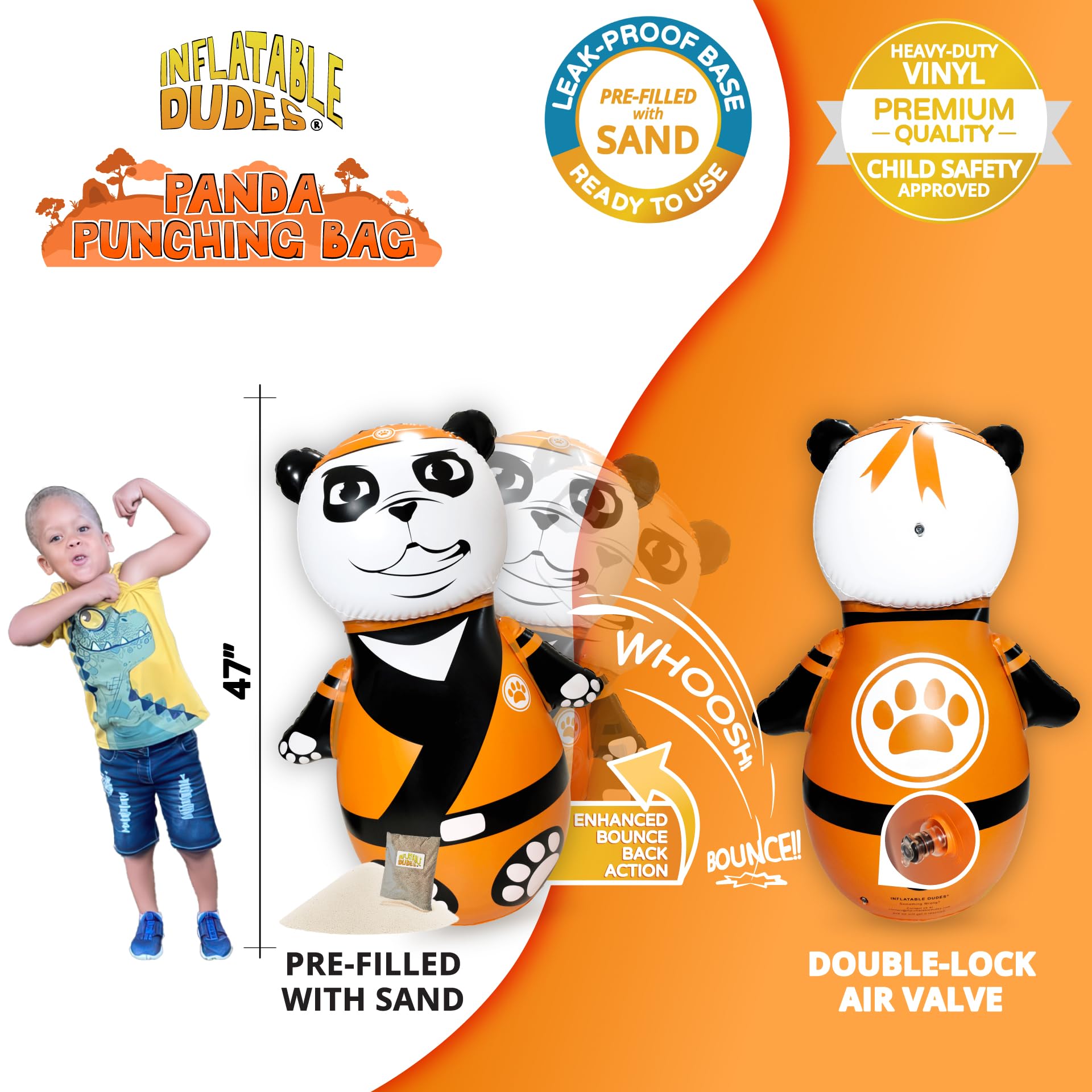 INFLATABLE DUDES Panda Toy 47" - Kids Punching Bag | Sand-Base