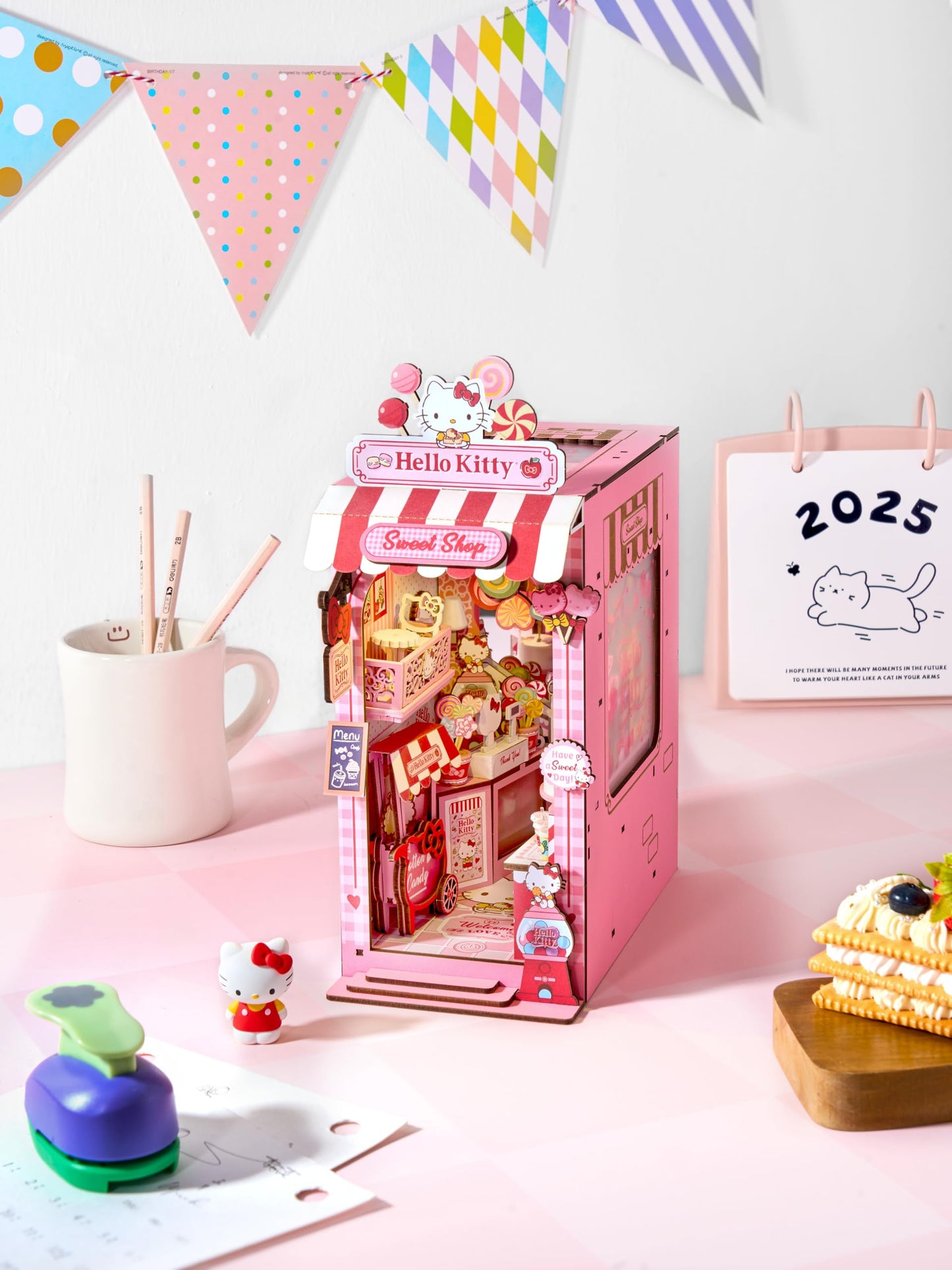 Hands Craft Hello Kitty Sweet Shop Book Nook Kit - Official Sanrio DIY Miniature Shelf Insert with Touch LED - 149-Piece 3D Puzzle for Adults & Teens