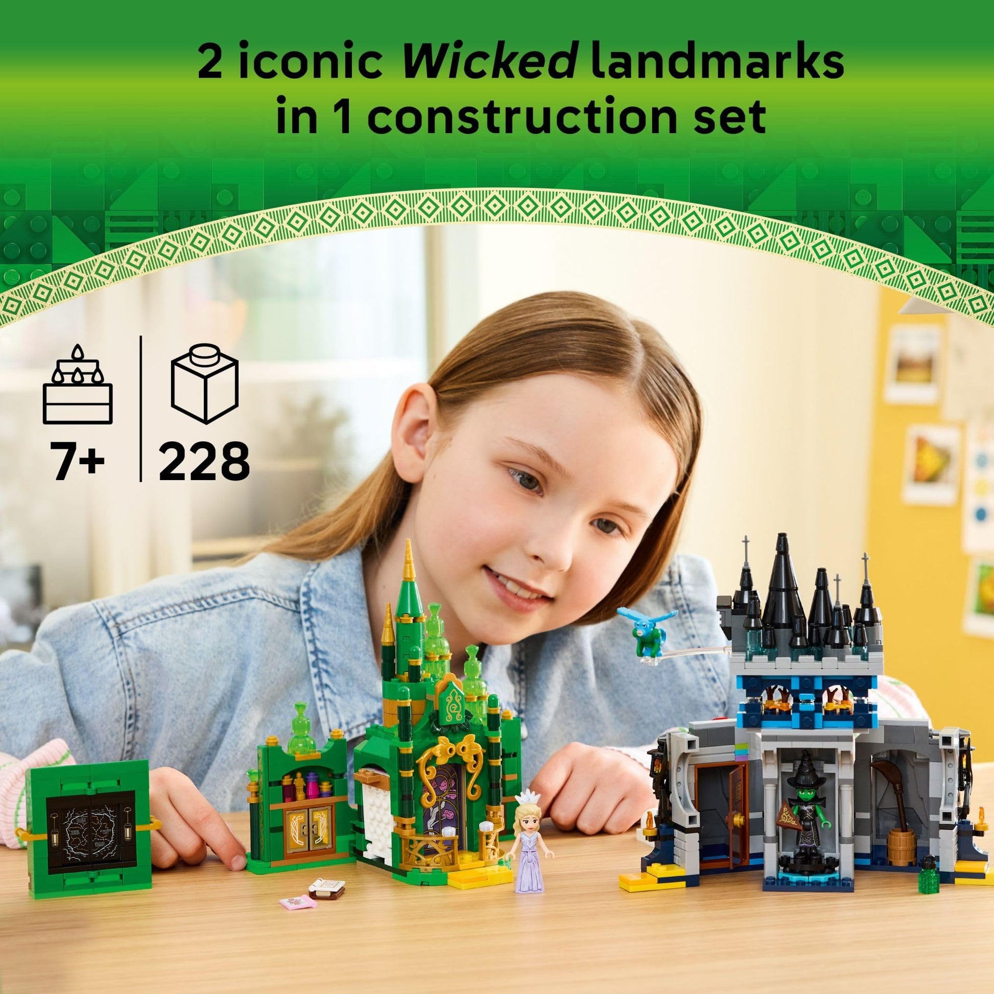 LEGO Wicked Emerald City & Kiamo Ko Castle Building Toy - Elphaba & Glinda Toy Figures, 2 Buildable Playsets, & Flying Monkey Minifigure for Kids