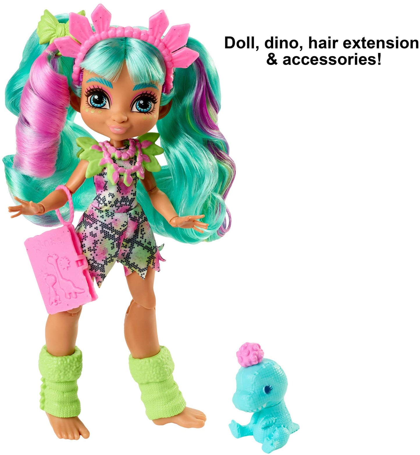 Mattel Cave Club Rockelle Doll (8 10-inch, Teal Hair) Poseable Prehistoric Fashion Doll with Dinosaur Pet and Accessories, Gift for 4 Year Olds and Up