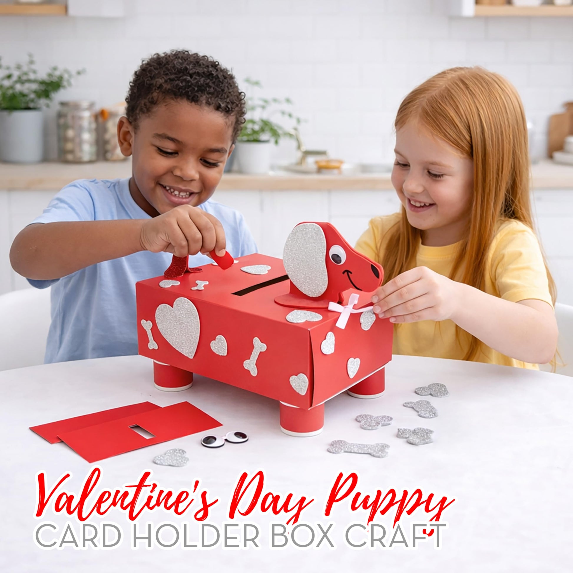 4E's Novelty DIY Valentines Mailbox for Kids - Valentines Day Card Box Craft Kit - DIY Dog Mailbox with Foam Stickers - School Mailbox Classroom