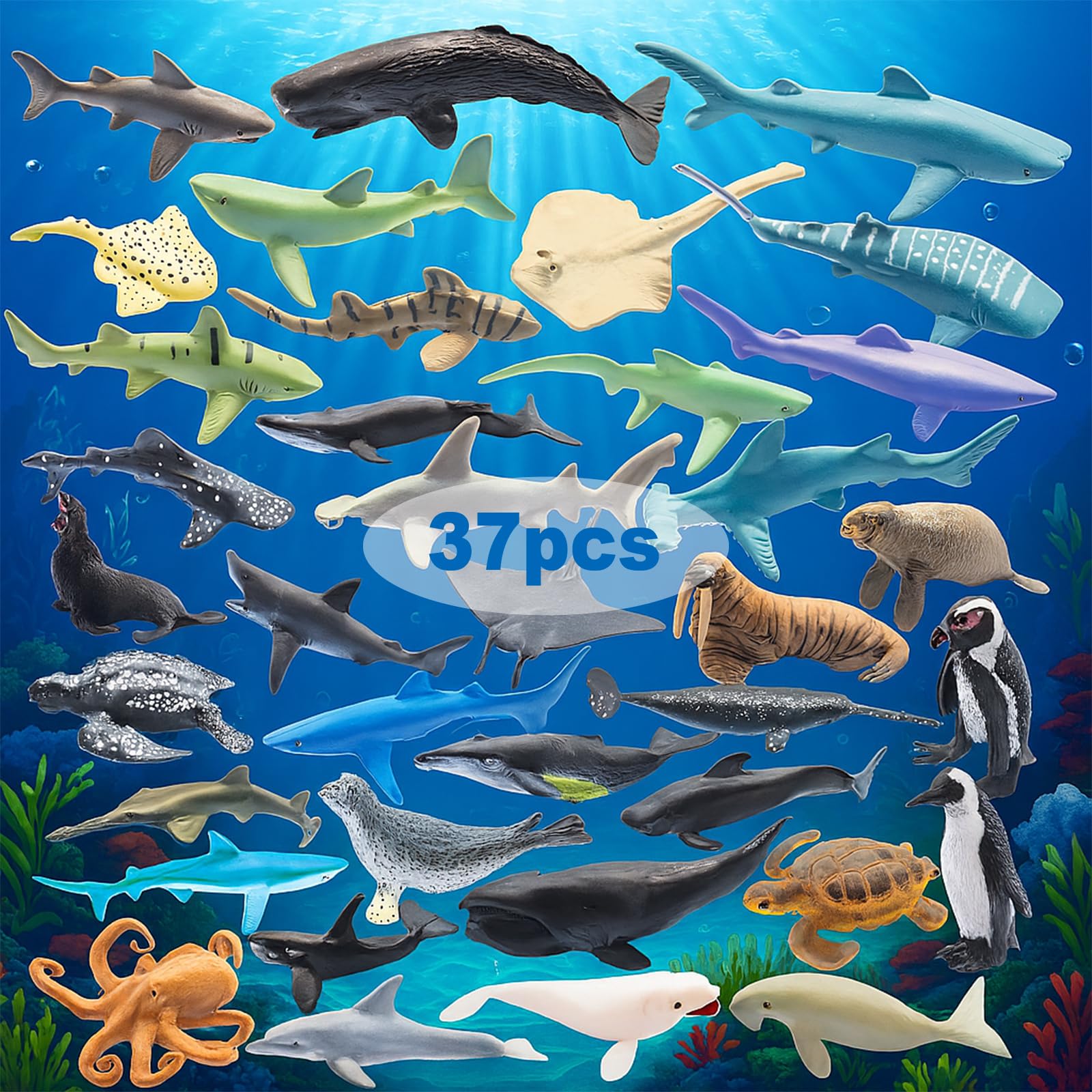 ZECHOCHOZE 37pcs Mini Ocean Animal Figurines Toys, Include Animals Like Realistic Sharks, Whales, Octopus, Turtles, Penguin, Suitable for Children's
