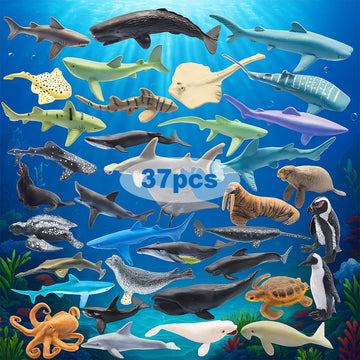 ZECHOCHOZE 37pcs Mini Ocean Animal Figurines Toys, Include Animals Like Realistic Sharks, Whales, Octopus, Turtles, Penguin, Suitable for Children's