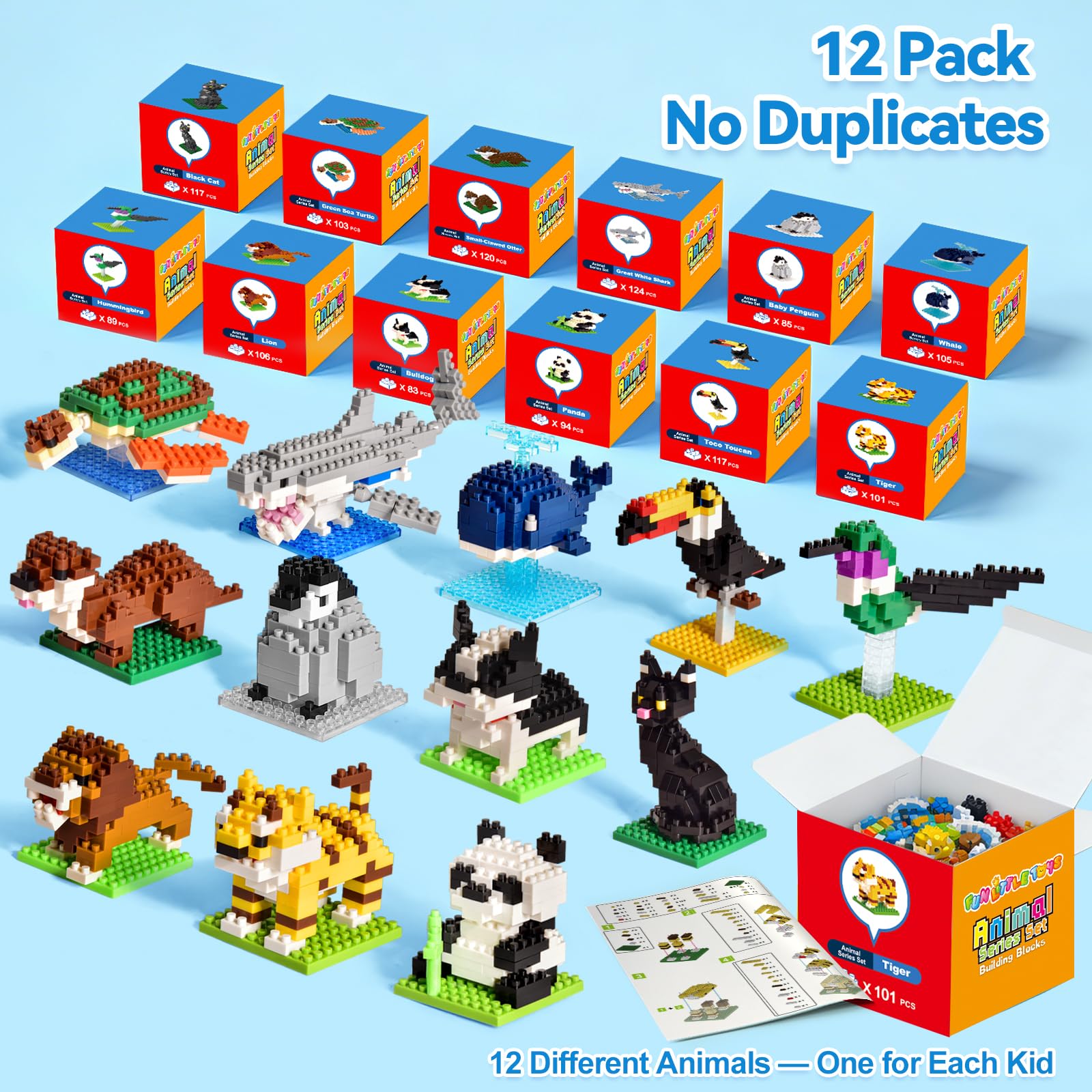 FUN LITTLE TOYS Party Favors for Kids 6-12, 12 Pack Mini Animal Building Blocks, Individually Packaged Small Building Toys with Instructions