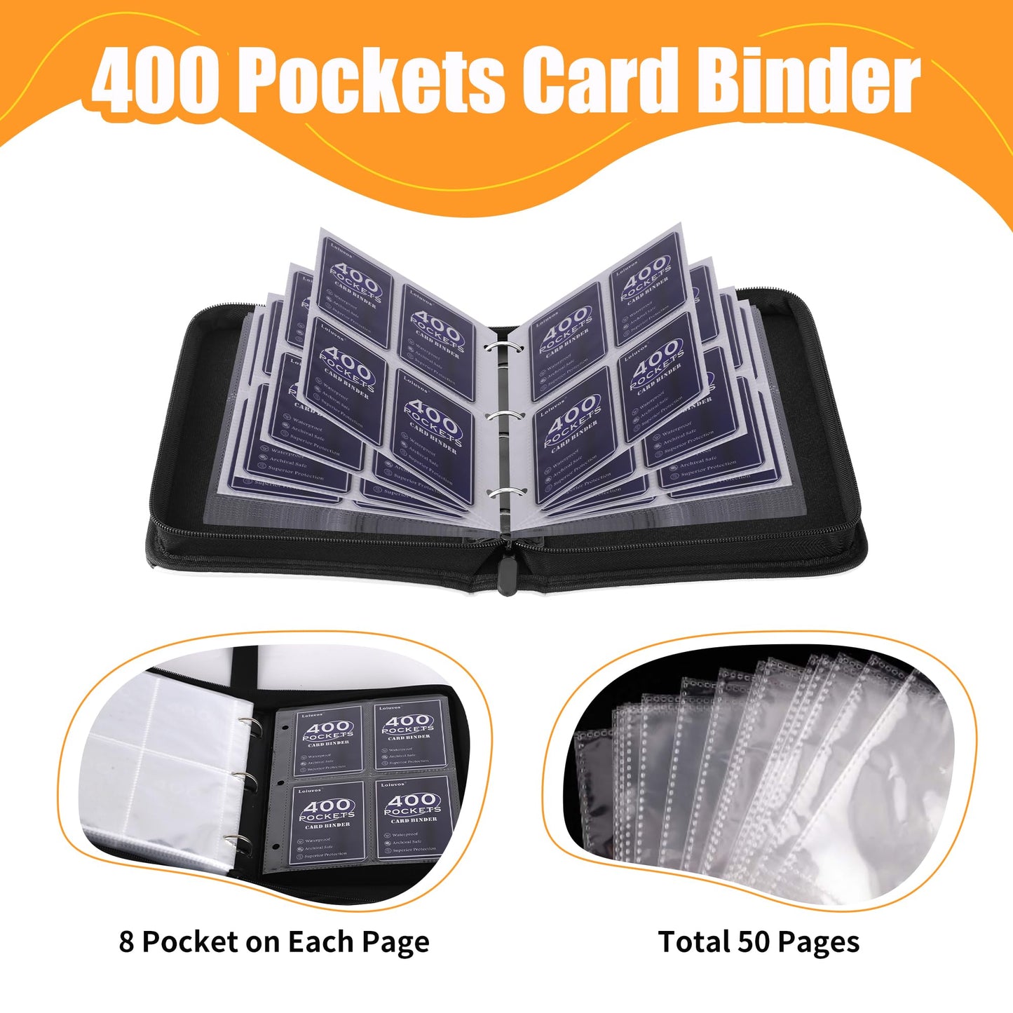 Card Binder 4 Pocket, Trading Card Binder With 50 Removable Sleeves, Portable Card Collection Binder for Standard Cards