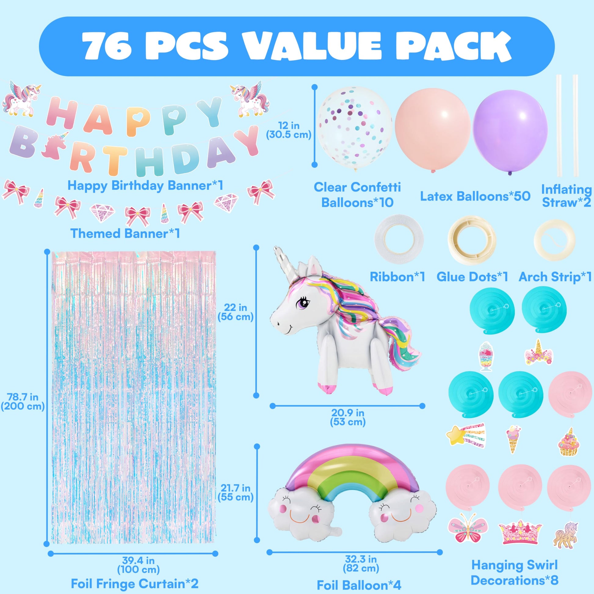 JOYIN Unicorn Magical Rainbow Birthday Party Decorations, 76PCS Unicorn Party Supplies with Banner, Foil & Latex Balloons, Spiral Swirls and Tinsel