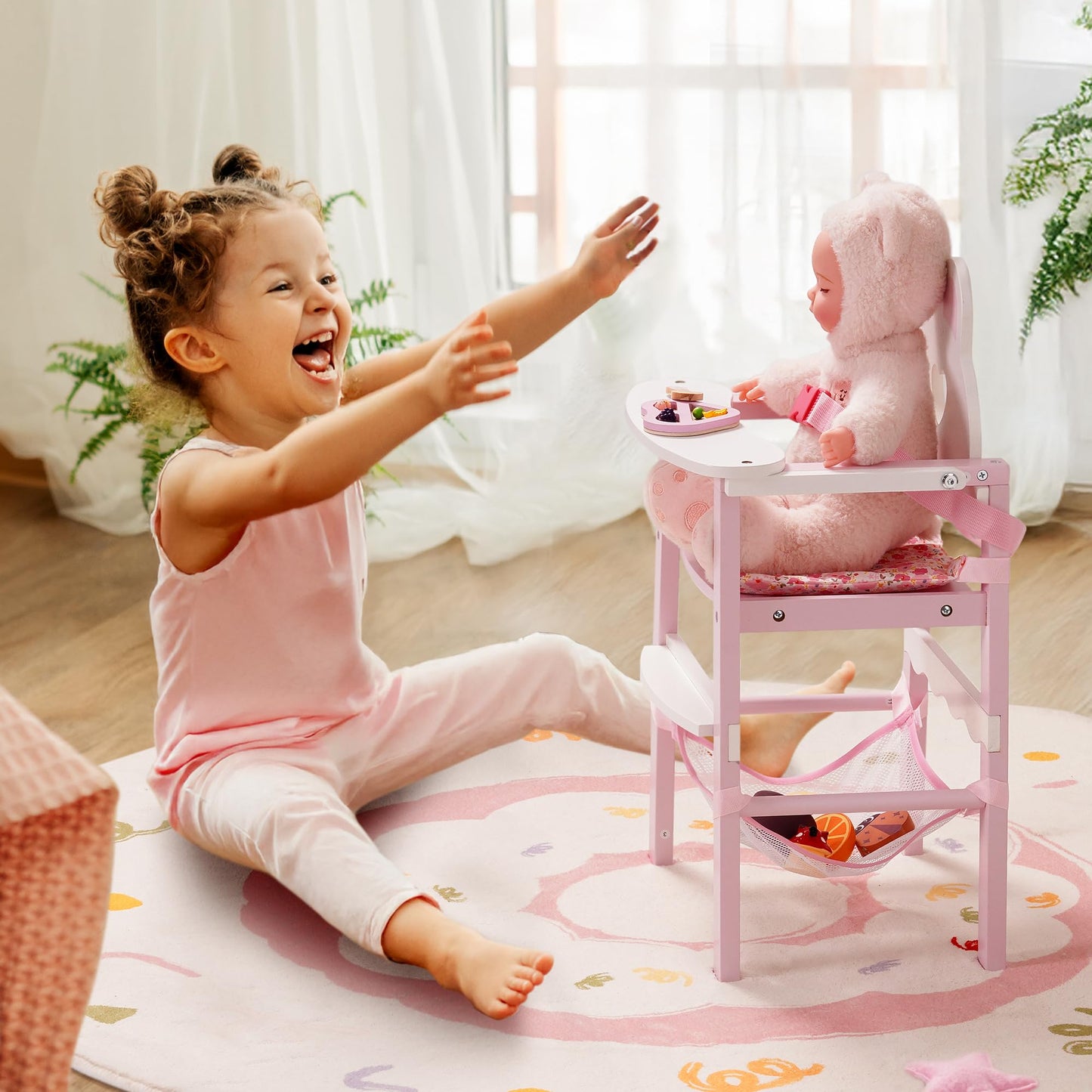 ROBOTIME Wooden Baby Doll High Chair - Pretend High Chair Toys for 18" Dolls - Doll Feeding Chair Toy with Tray - Baby Doll Furniture for Girls Ages
