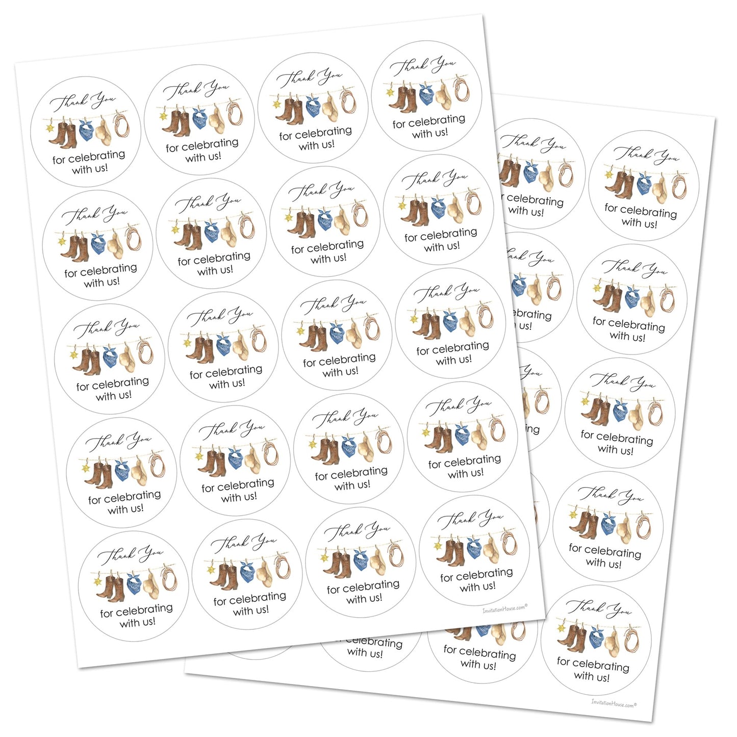 Little Cowboy Thank You Stickers - 2-Inch Round - Set of 40 (Blue)