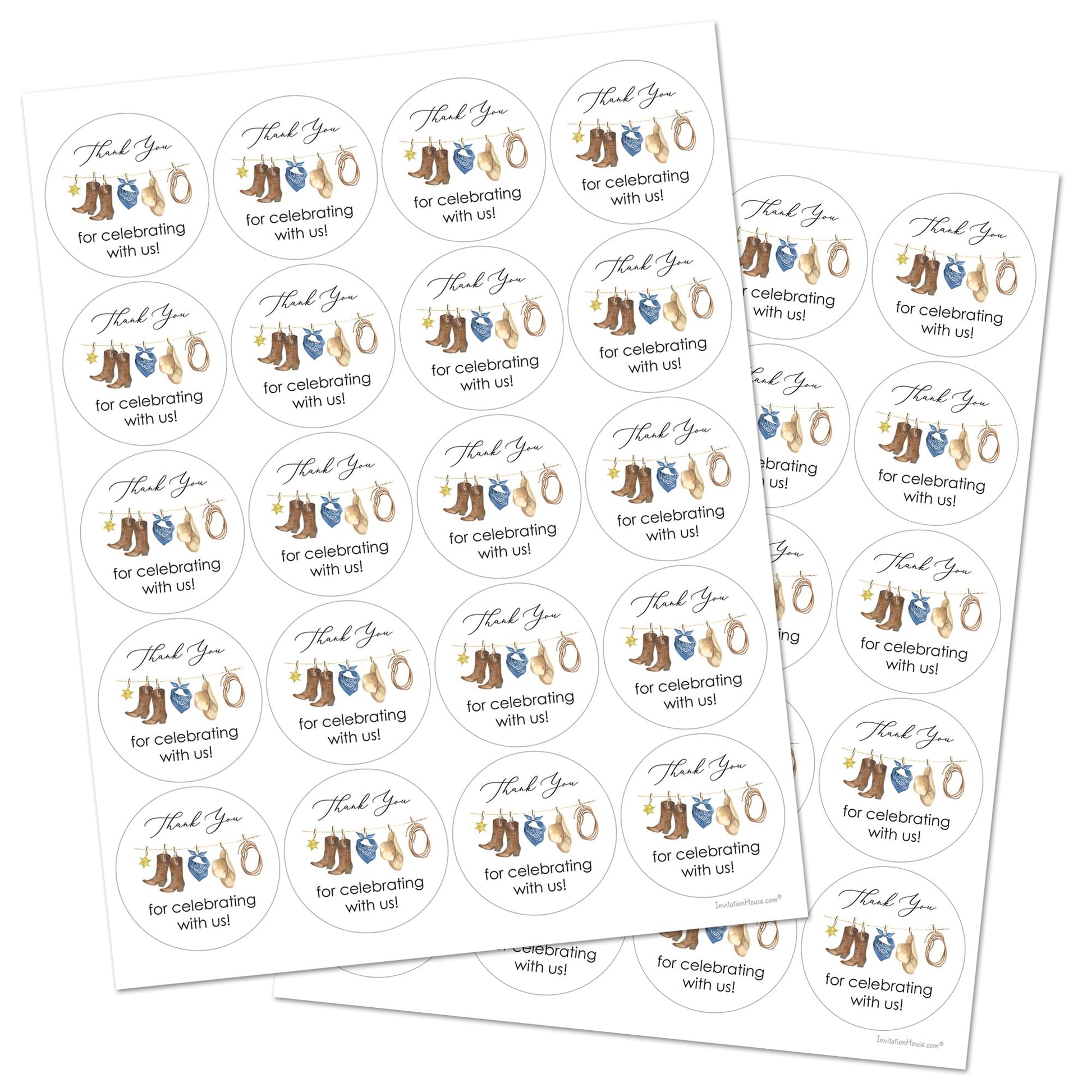 Little Cowboy Thank You Stickers - 2-Inch Round - Set of 40 (Blue)