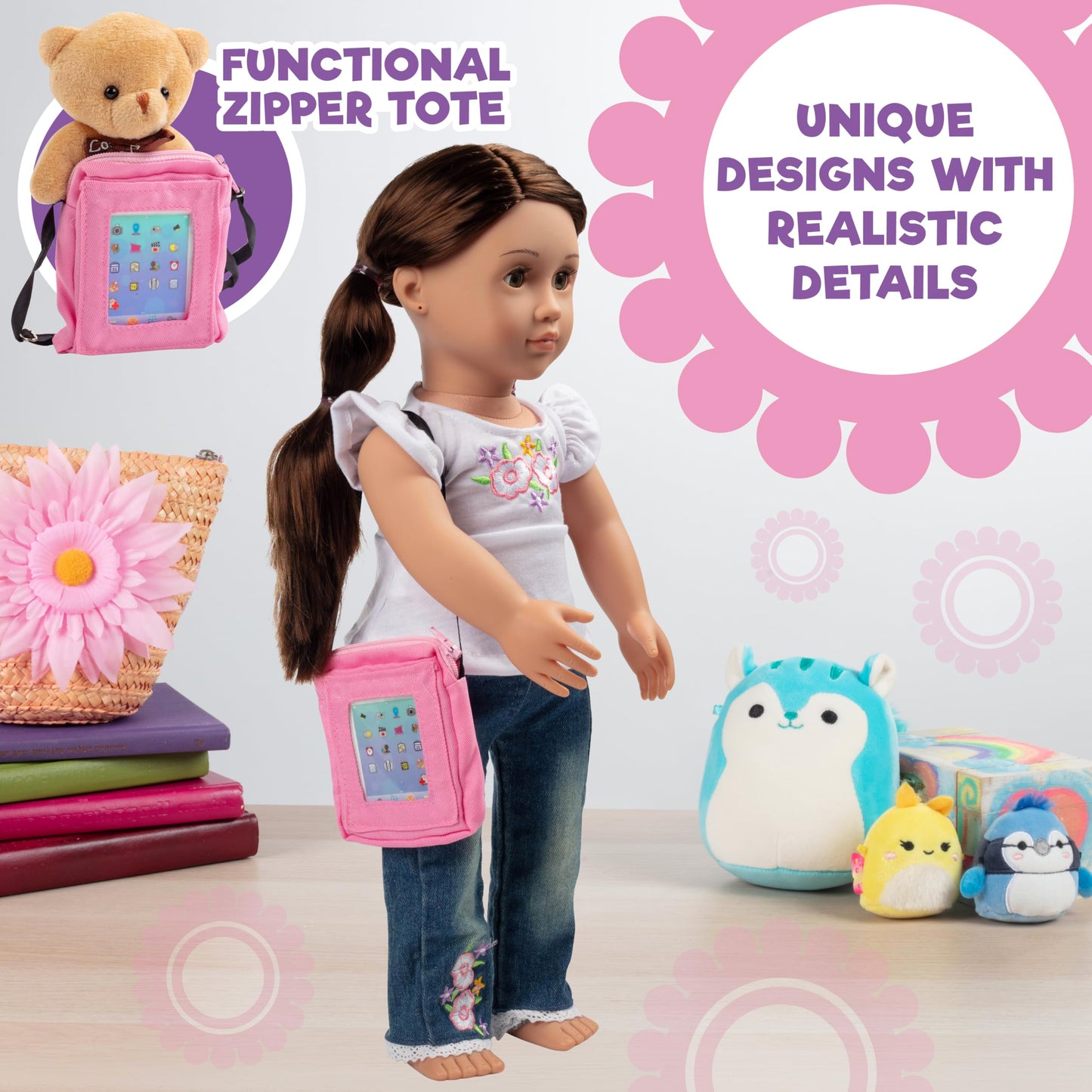 Dress Along Dolly 3pc Tech Set for American 18" Dolls w Cell Phone, Computer Tablet, and Accessory Bag- Premium Durable Metal Construction- Perfect