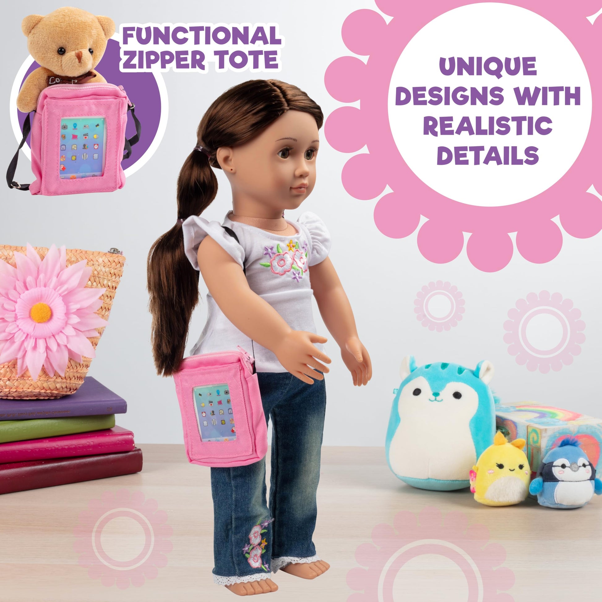 Dress Along Dolly 3pc Tech Set for American 18" Dolls w Cell Phone, Computer Tablet, and Accessory Bag- Premium Durable Metal Construction- Perfect